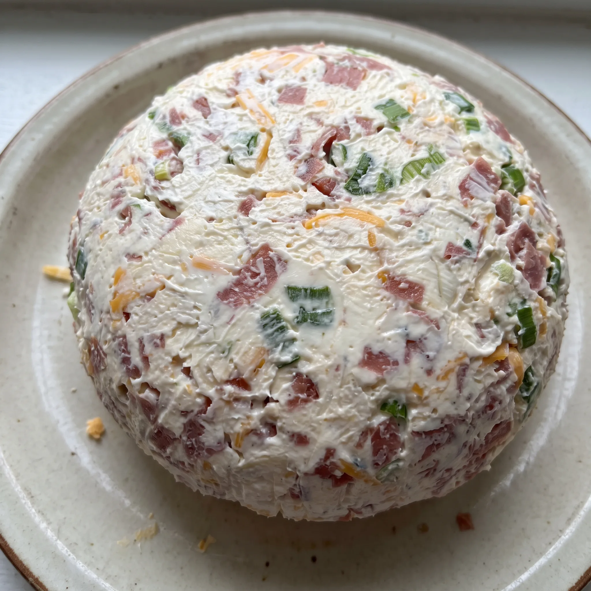 Chipped beef cheese ball coated in green onions and cheddar, surrounded by chipped beef slices.
