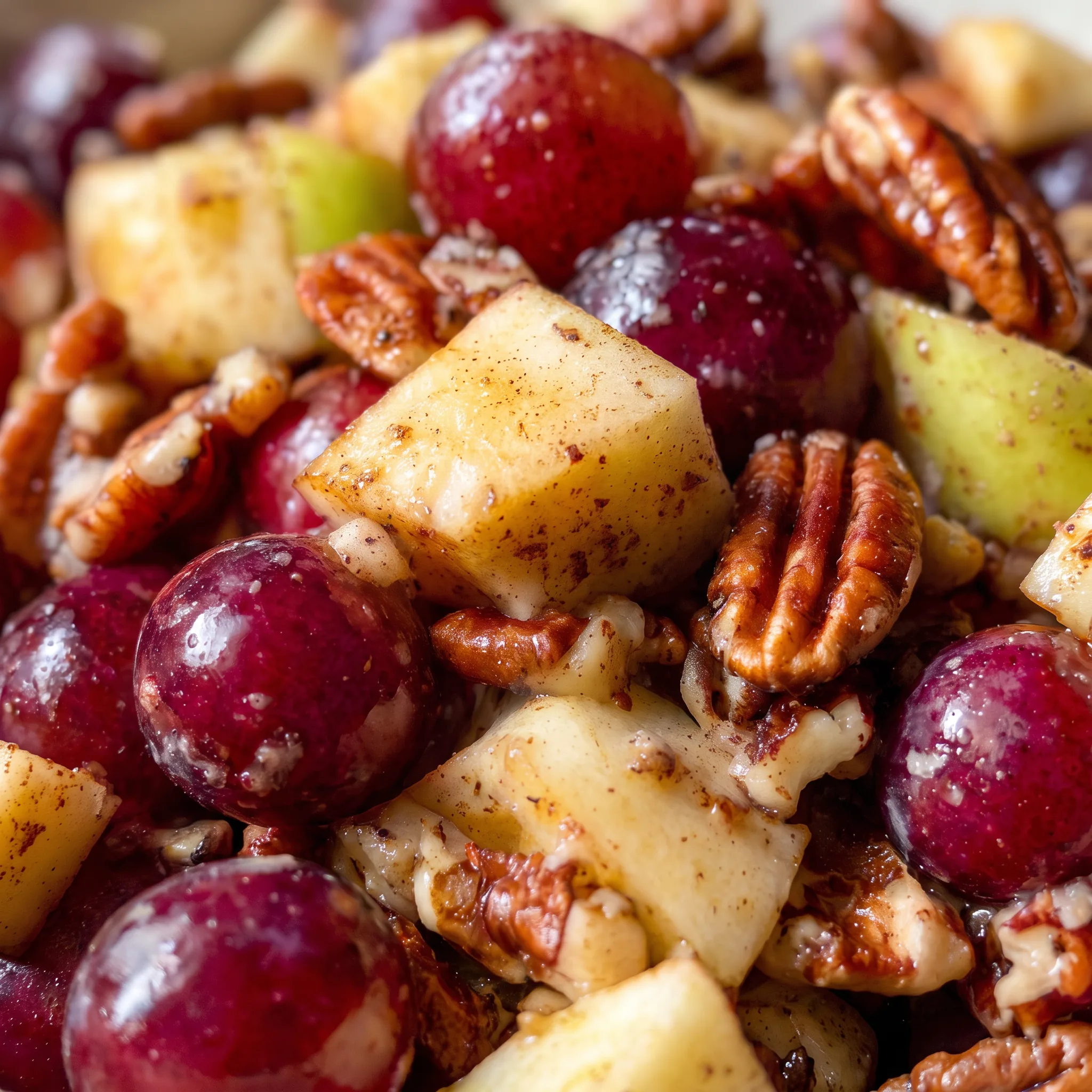 Glossy diced apples and halved red grapes coated in a creamy dressing, topped with crunchy pecan pieces.