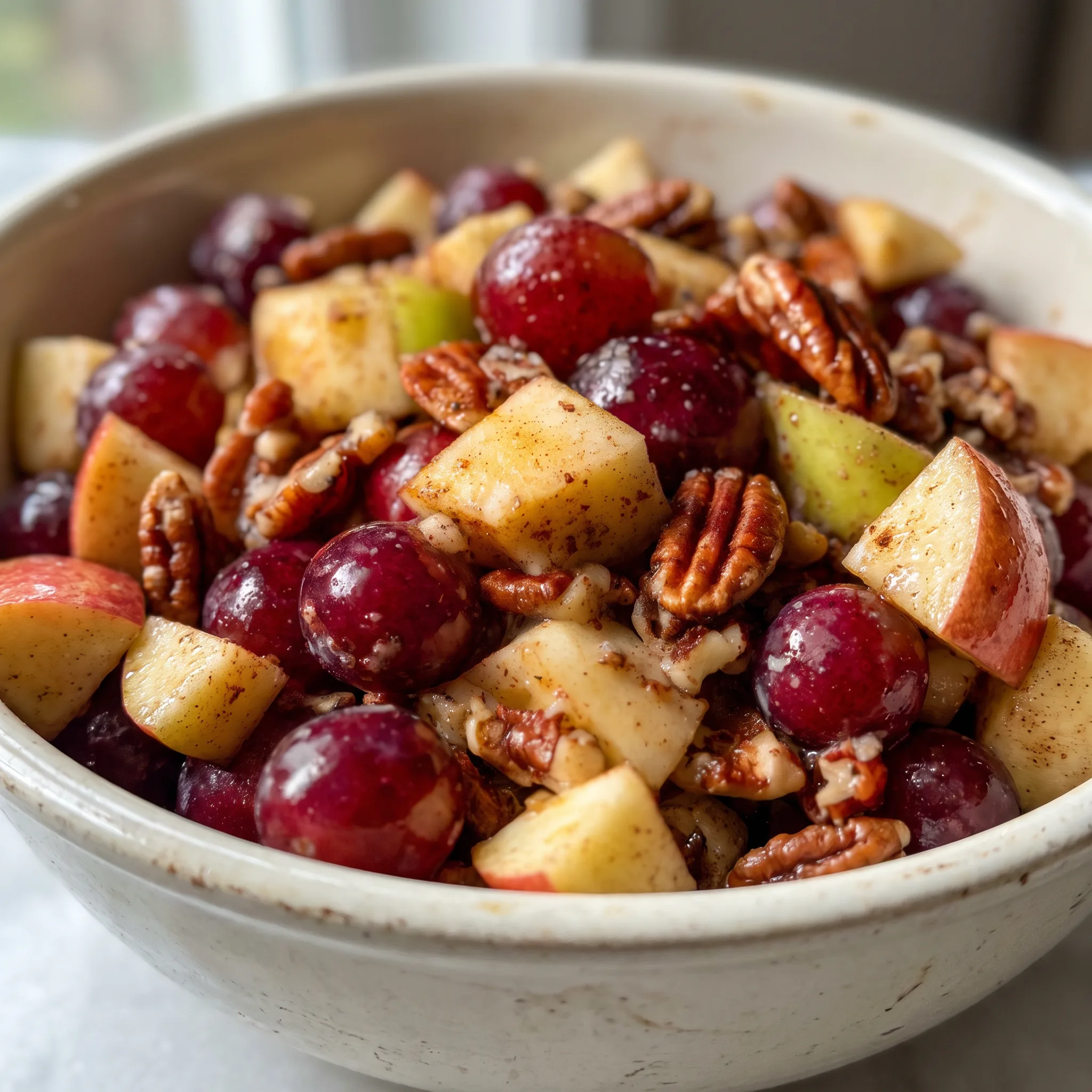 Cinnamon apple grape salad with diced apples, halved red grapes, and pecan pieces in a creamy dressing.
