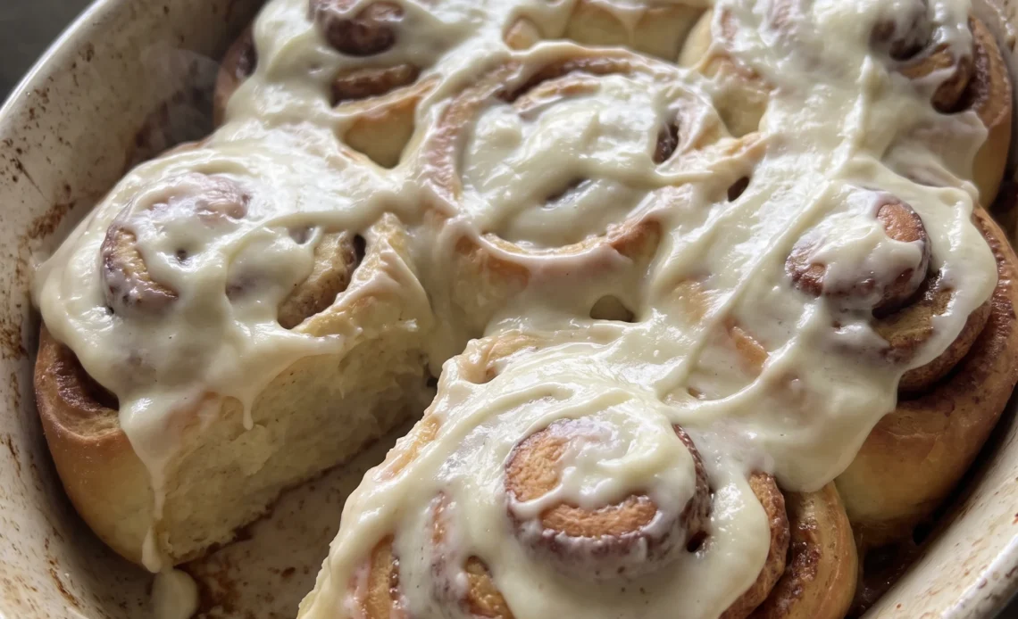 Soft fluffy cinnamon rolls topped with cream cheese frosting, showing swirled brown sugar and cinnamon filling.
