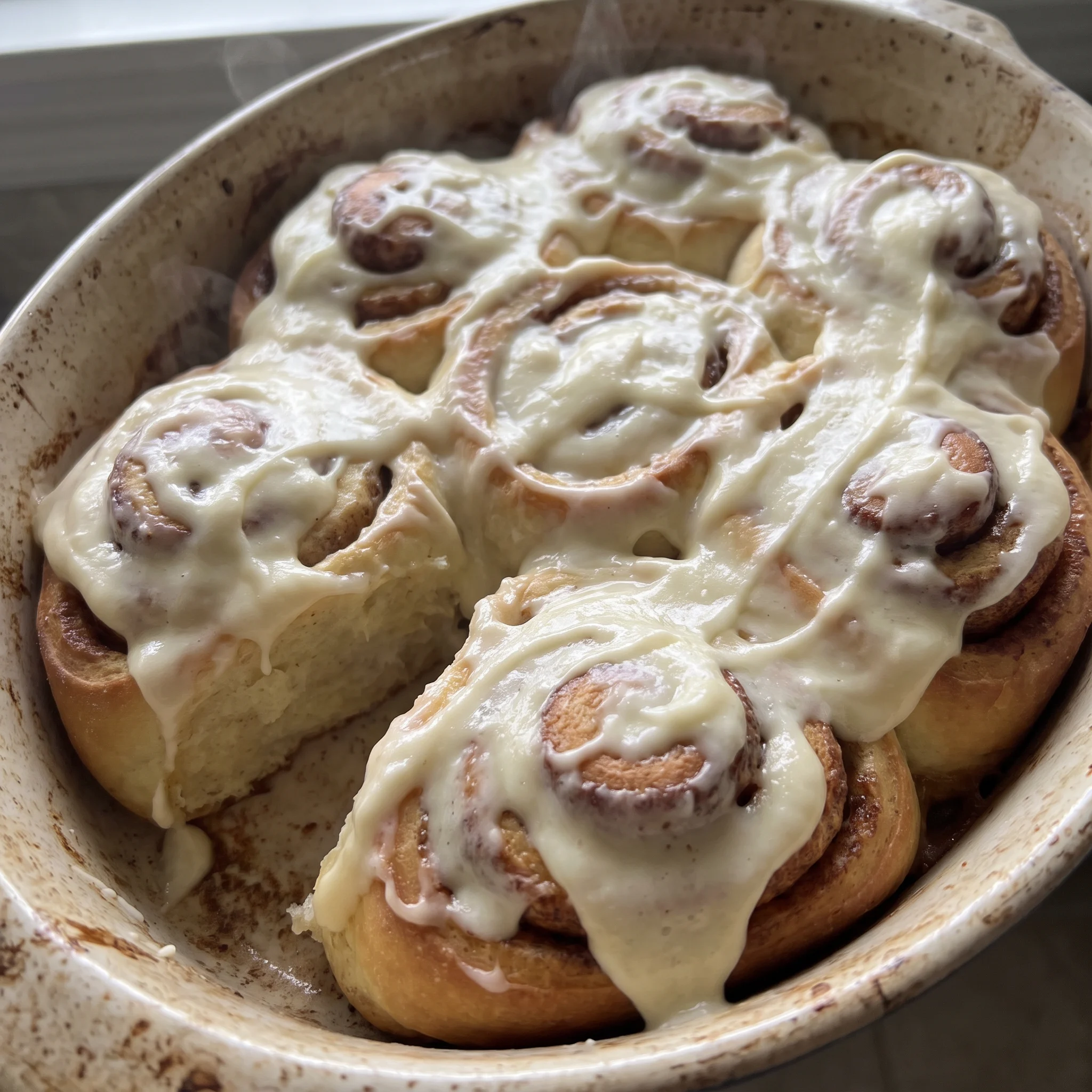 Soft fluffy cinnamon rolls topped with cream cheese frosting, showing swirled brown sugar and cinnamon filling.