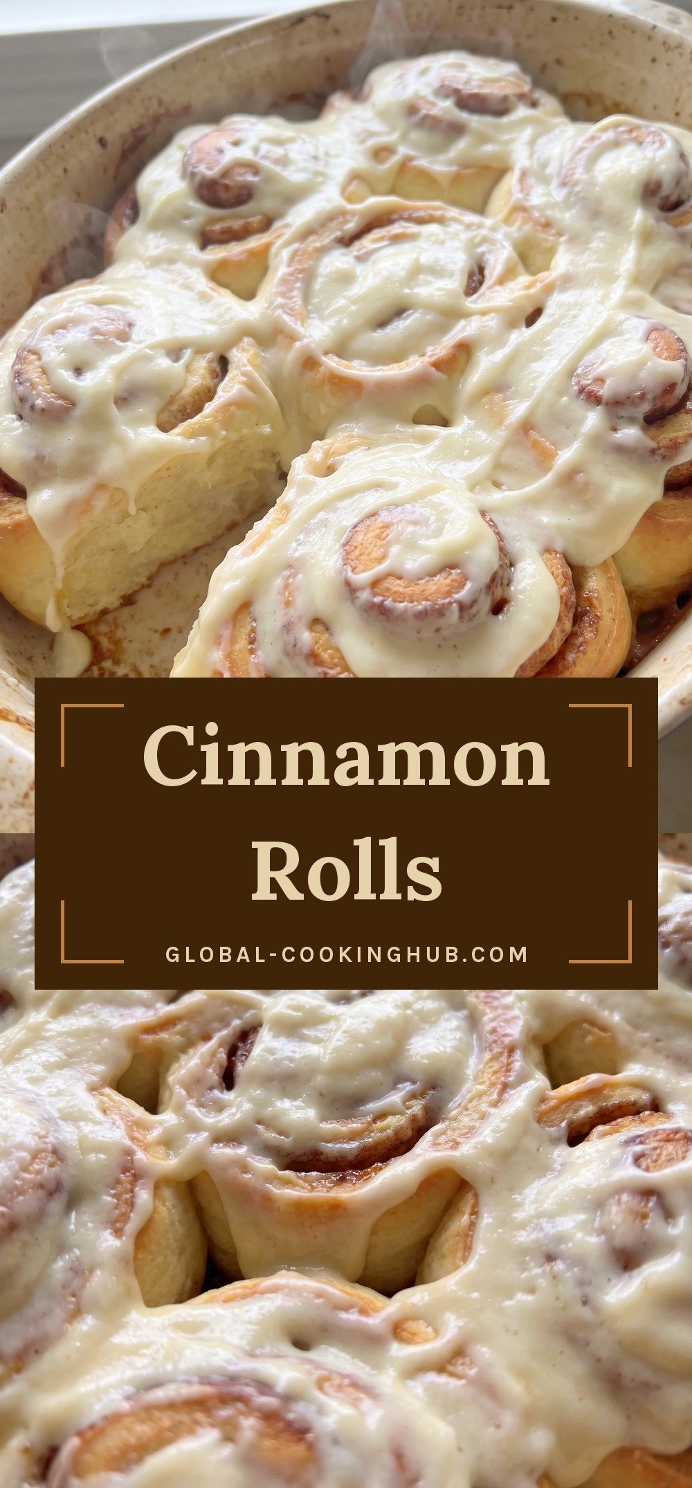 Golden-brown cinnamon rolls with swirls of brown sugar and cinnamon, topped with white cream cheese frosting.