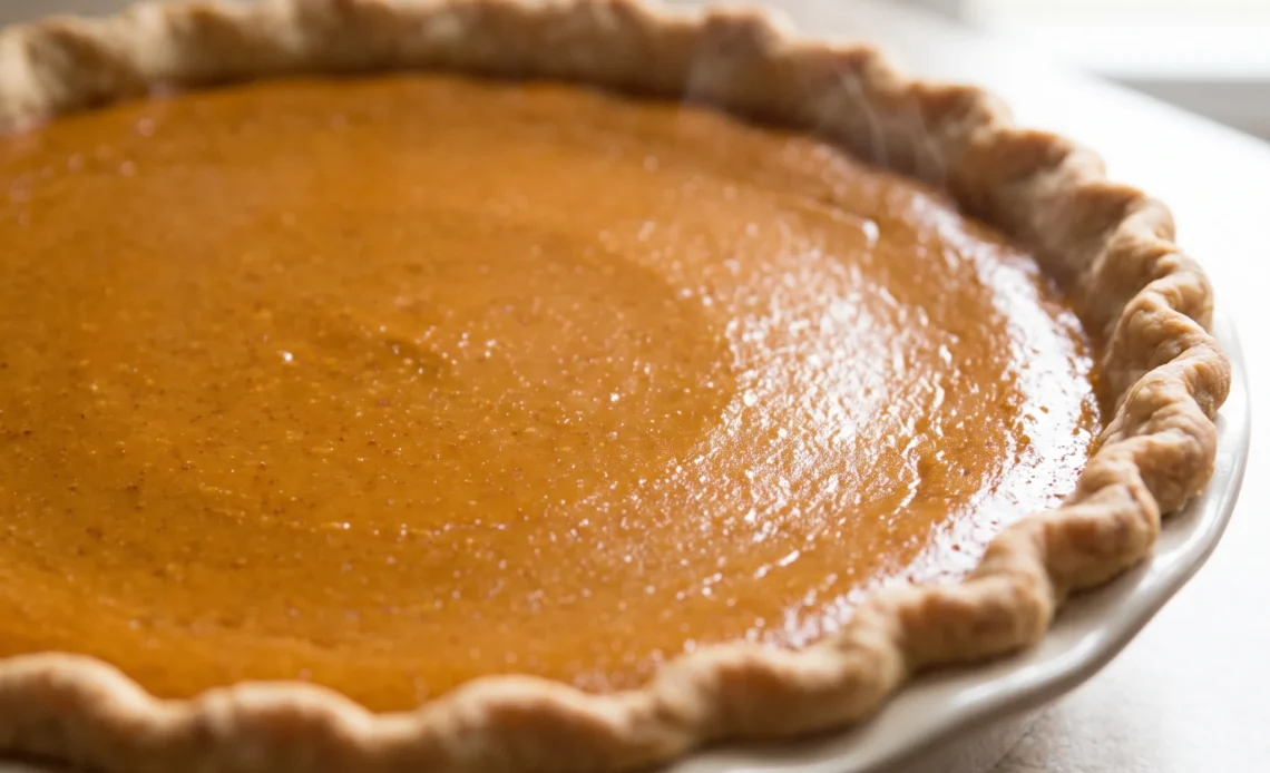 Classic pumpkin pie with smooth orange filling and a golden brown crust edge.
