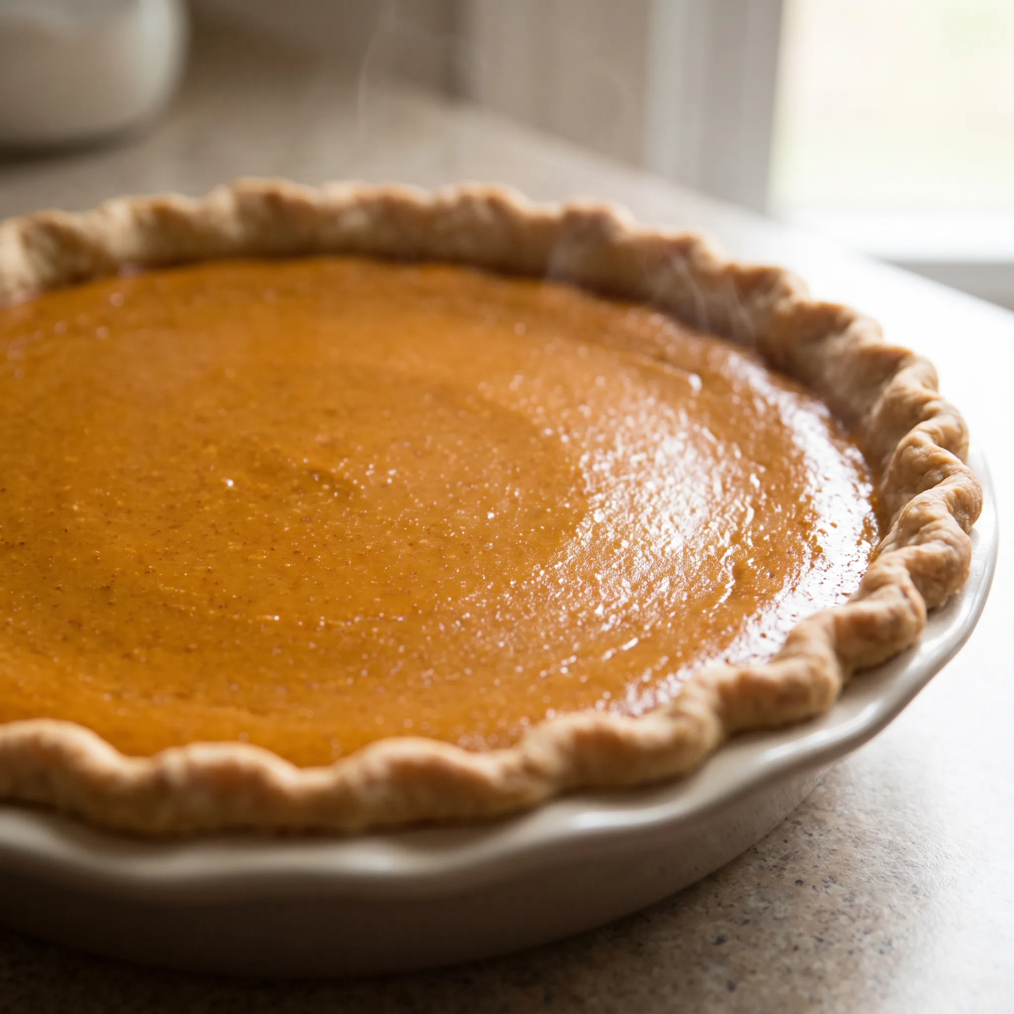 Classic pumpkin pie with smooth orange filling and a golden brown crust edge.
