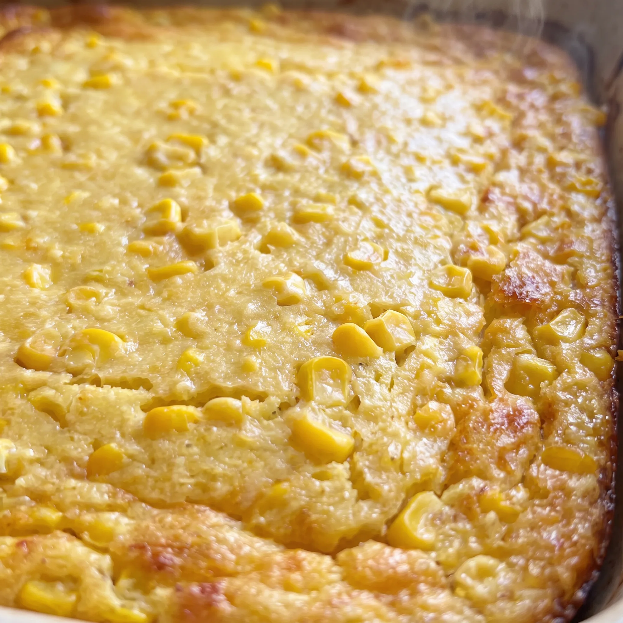 Moist corn casserole interior showing soft corn kernels in a creamy sour cream base beneath a lightly browned crust.