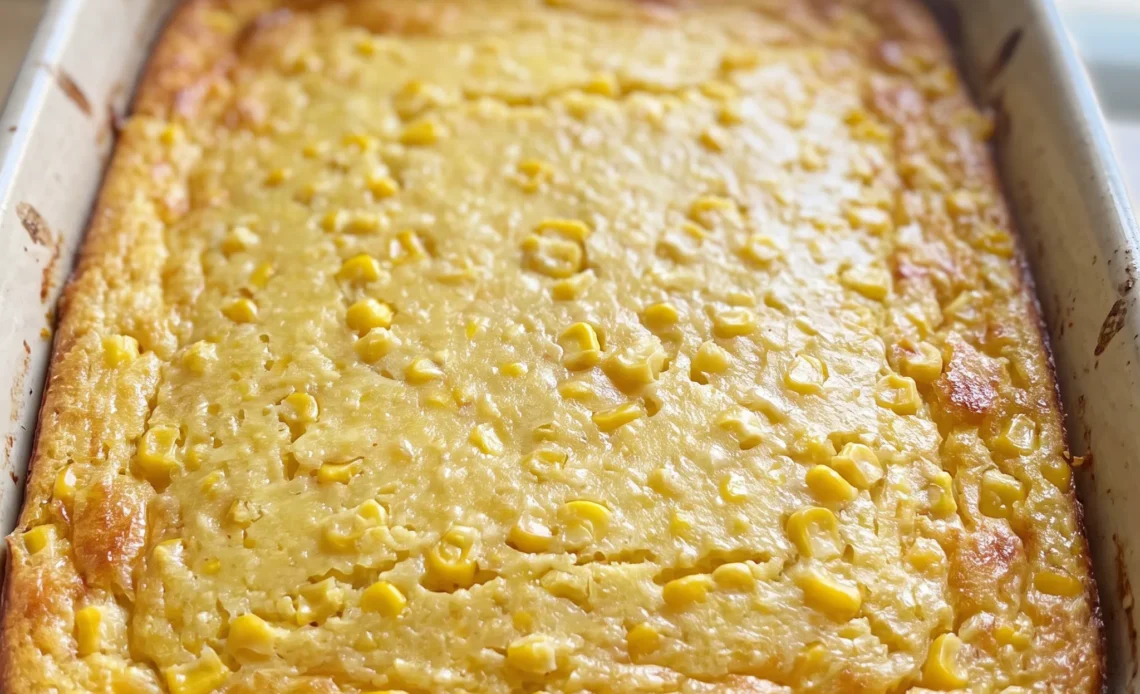 Corn casserole with a golden cornbread top, creamy corn and sour cream filling, and whole corn kernels throughout.