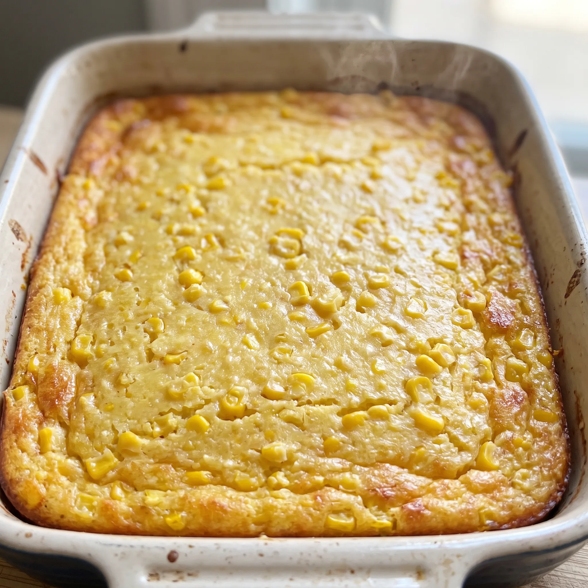 Corn casserole with a golden cornbread top, creamy corn and sour cream filling, and whole corn kernels throughout.
