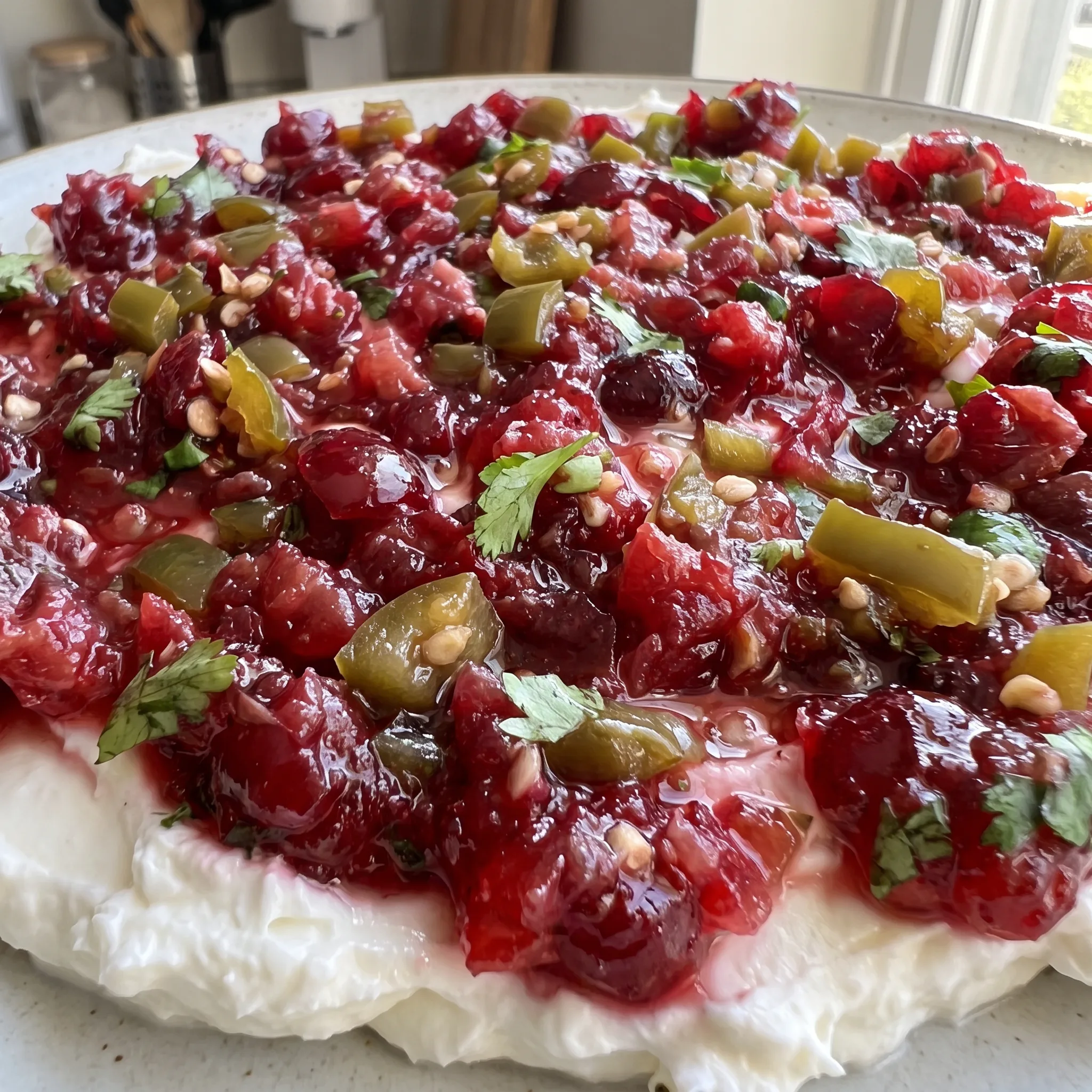 Creamy white dip with glossy red cranberry pieces, green jalapeno bits, and fresh herb flecks.