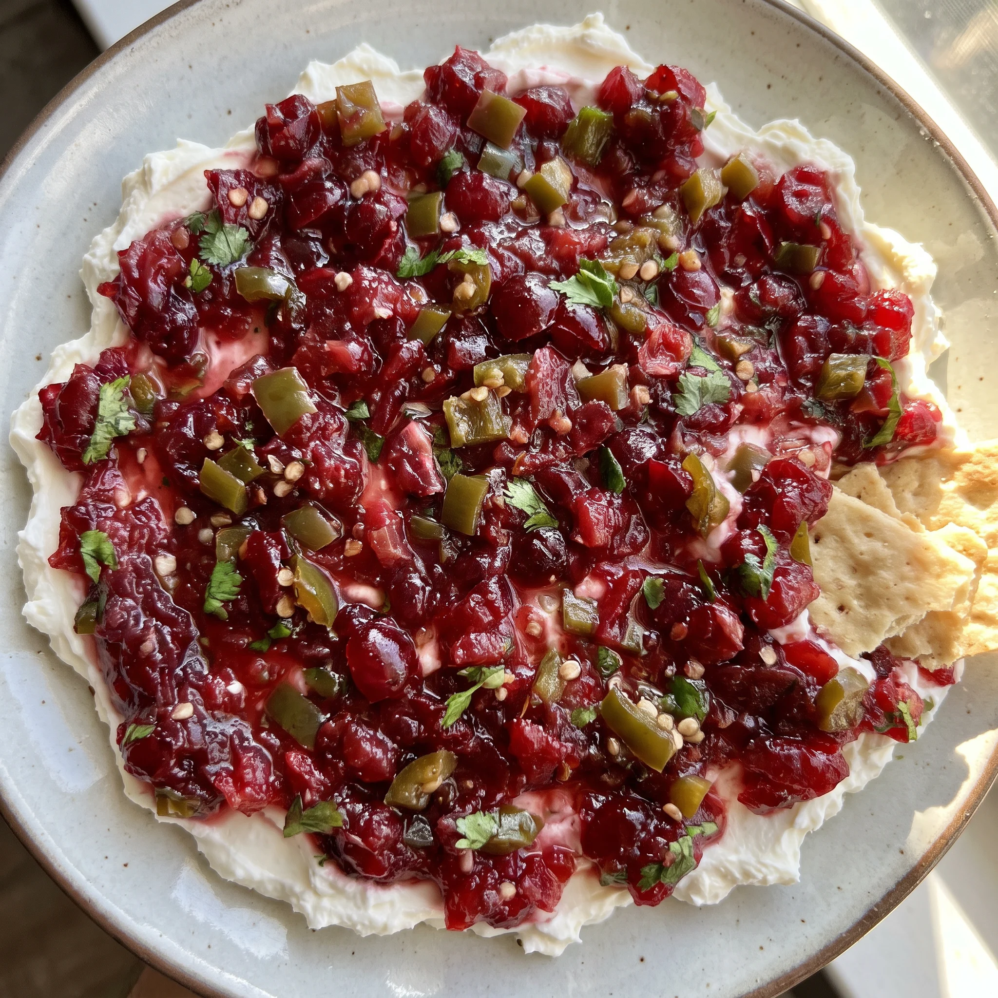 Cranberry jalapeno cream cheese dip topped with chopped cranberries, jalapeno slices, cilantro, and green onion.