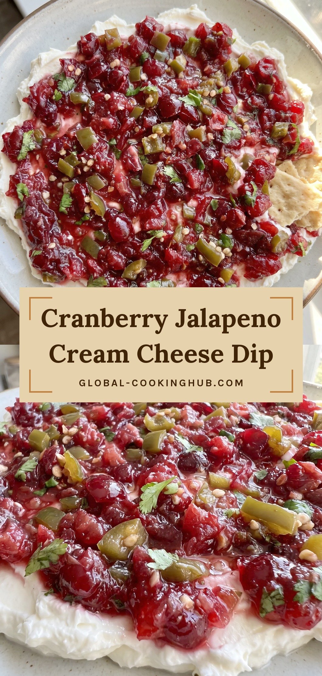 Chunky red cranberry jalapeno mixture with green cilantro and onion bits spooned over a thick layer of white cream cheese.