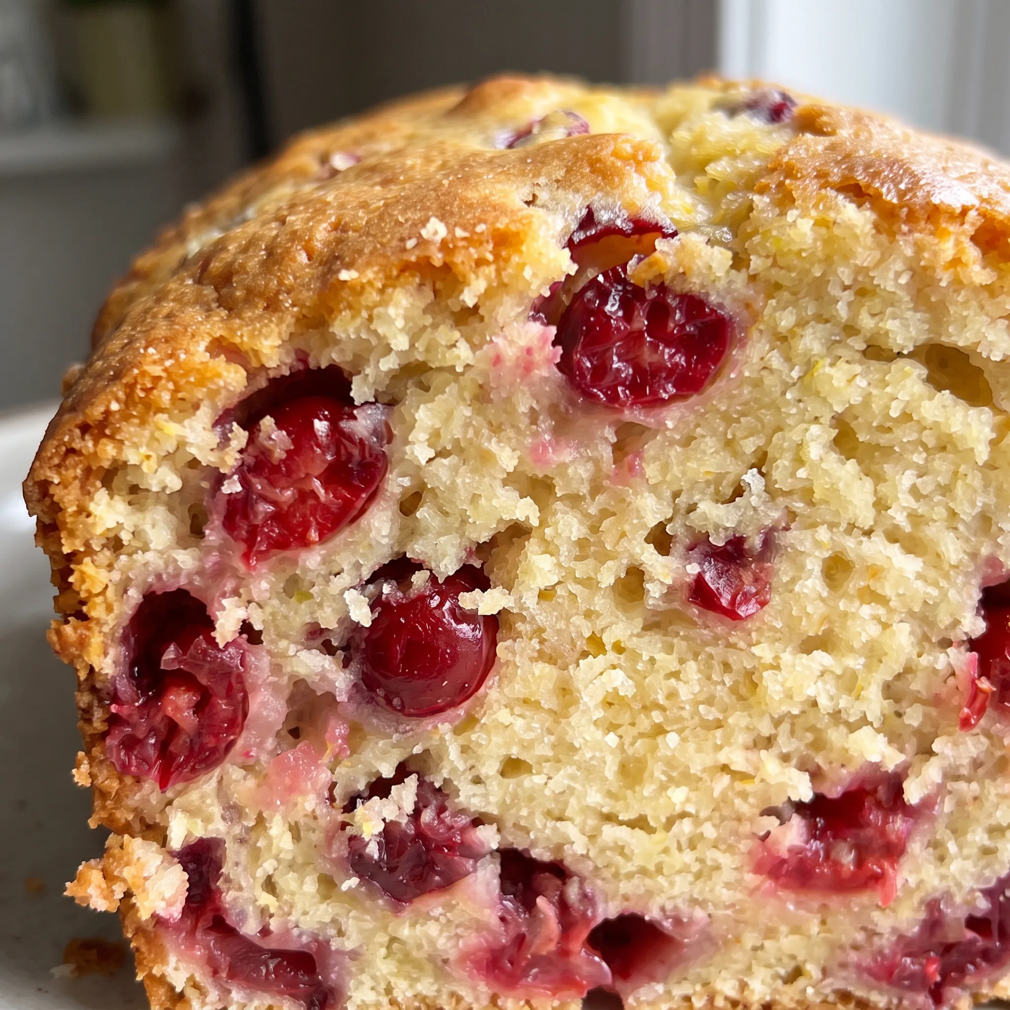 Moist lemon bread slice showing red cranberry pieces and flecks of lemon zest in a tender crumb.