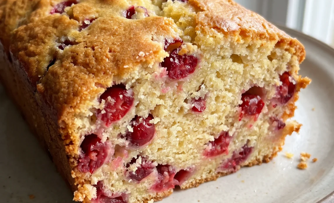 Cranberry lemon bread loaf with tart red cranberries and lemon zest baked through the golden crumb.