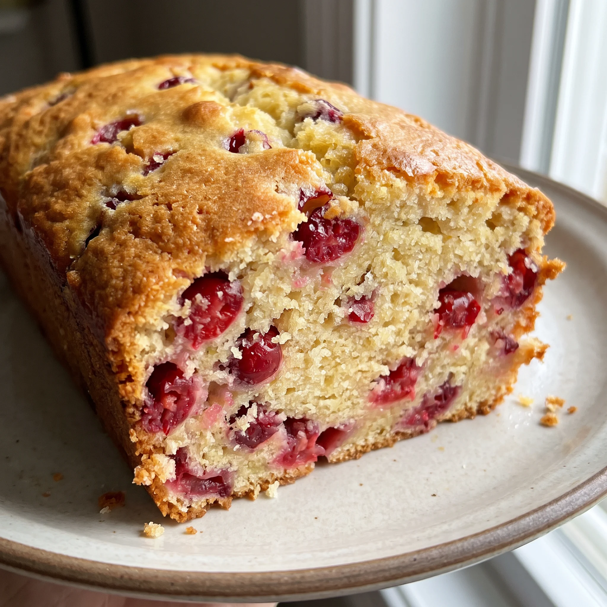 Cranberry lemon bread loaf with tart red cranberries and lemon zest baked through the golden crumb.