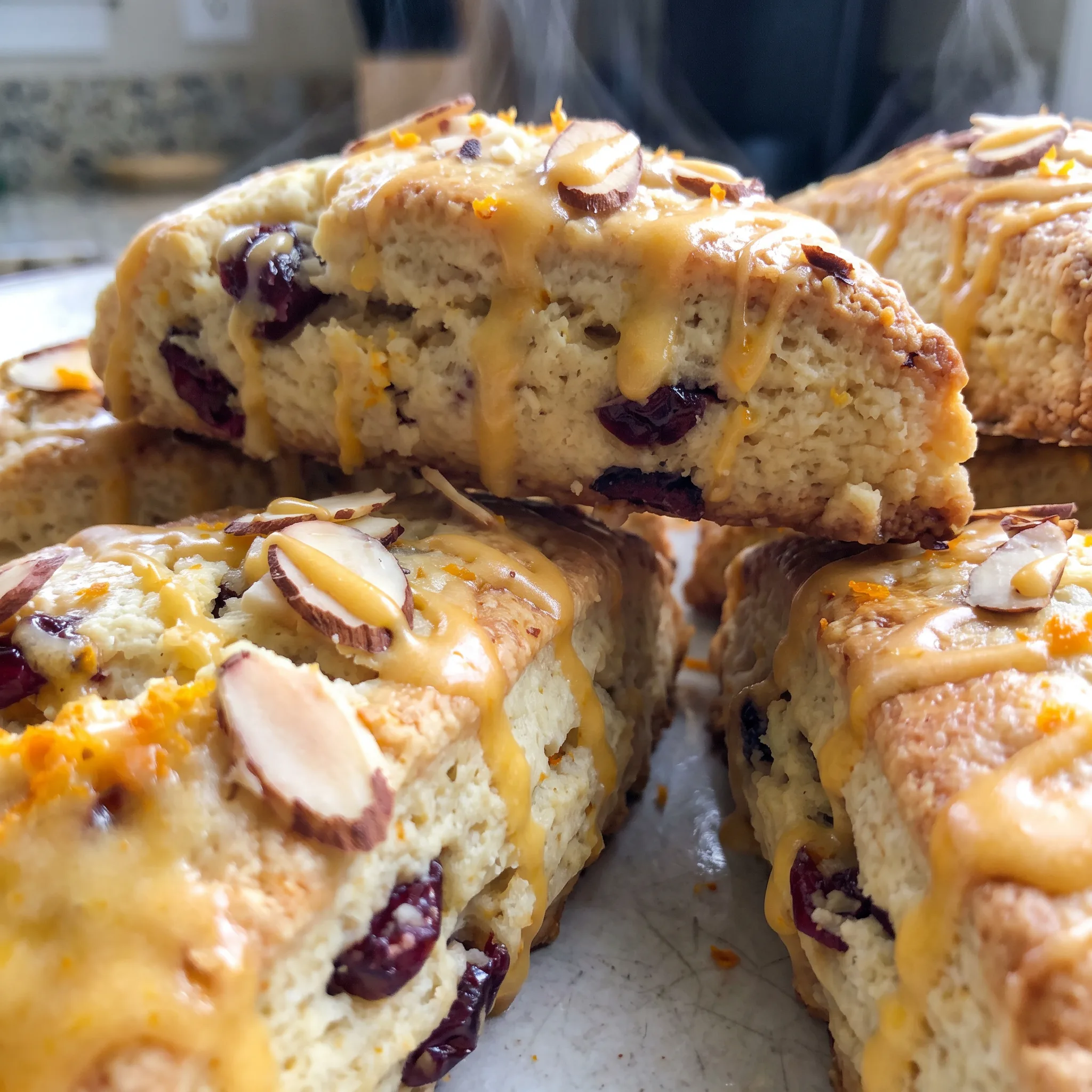Rough, golden scone crust studded with dried cranberries, sliced almonds, and flecks of orange zest.