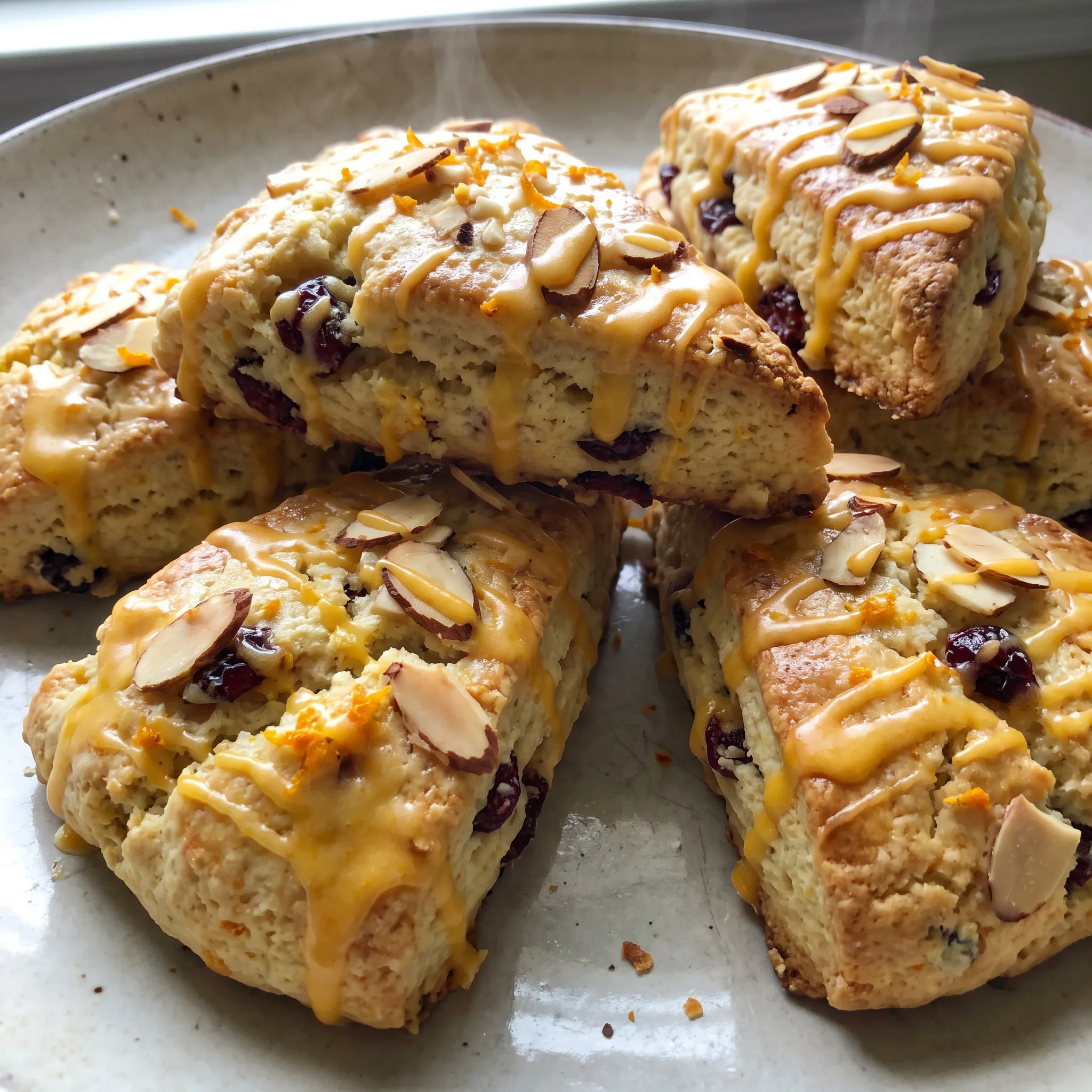 Cranberry orange sour cream scones topped with sliced almonds and orange zest, golden brown with dried cranberries throughout.