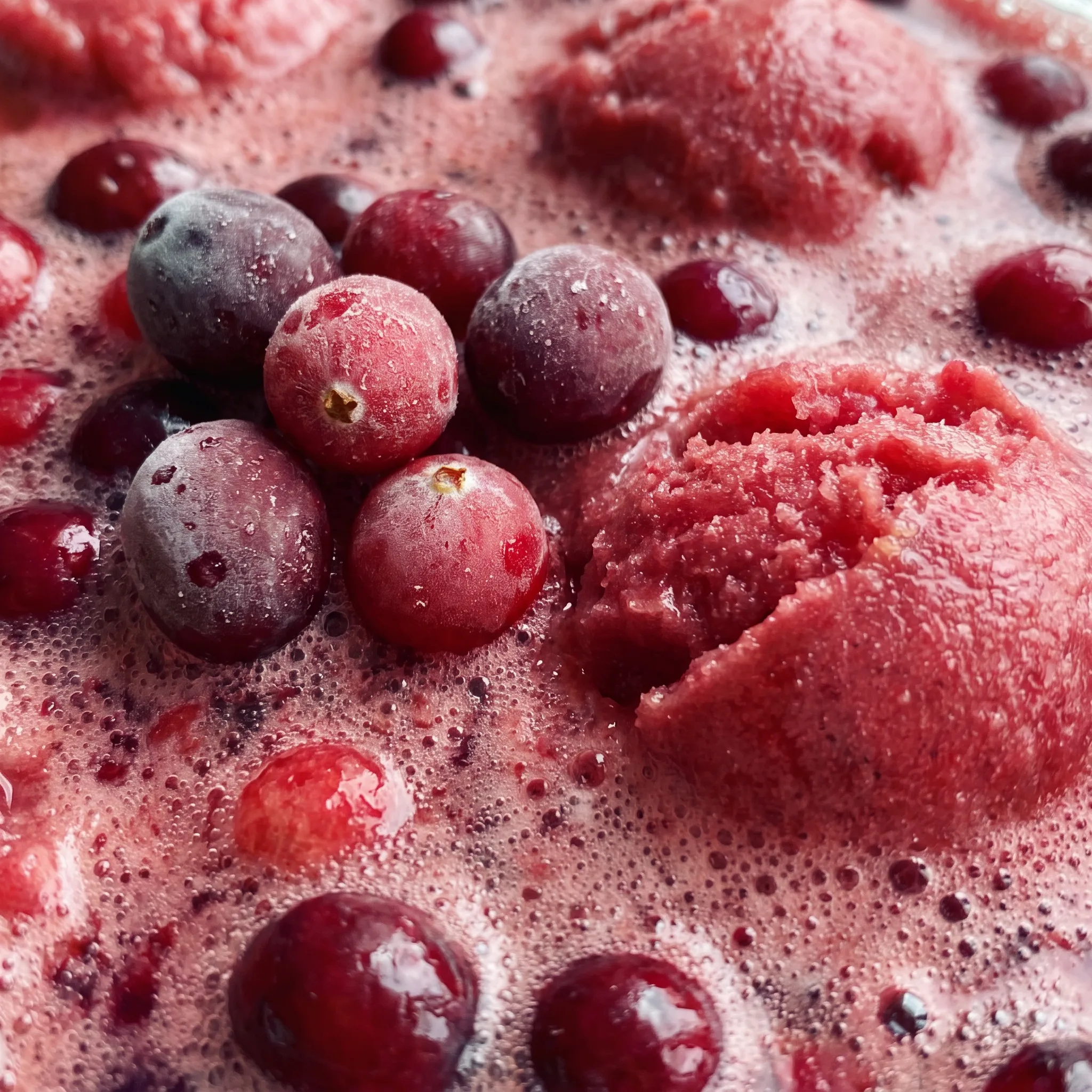 Frosted frozen cranberries and melting raspberry sorbet in bubbly red cranberry raspberry punch.