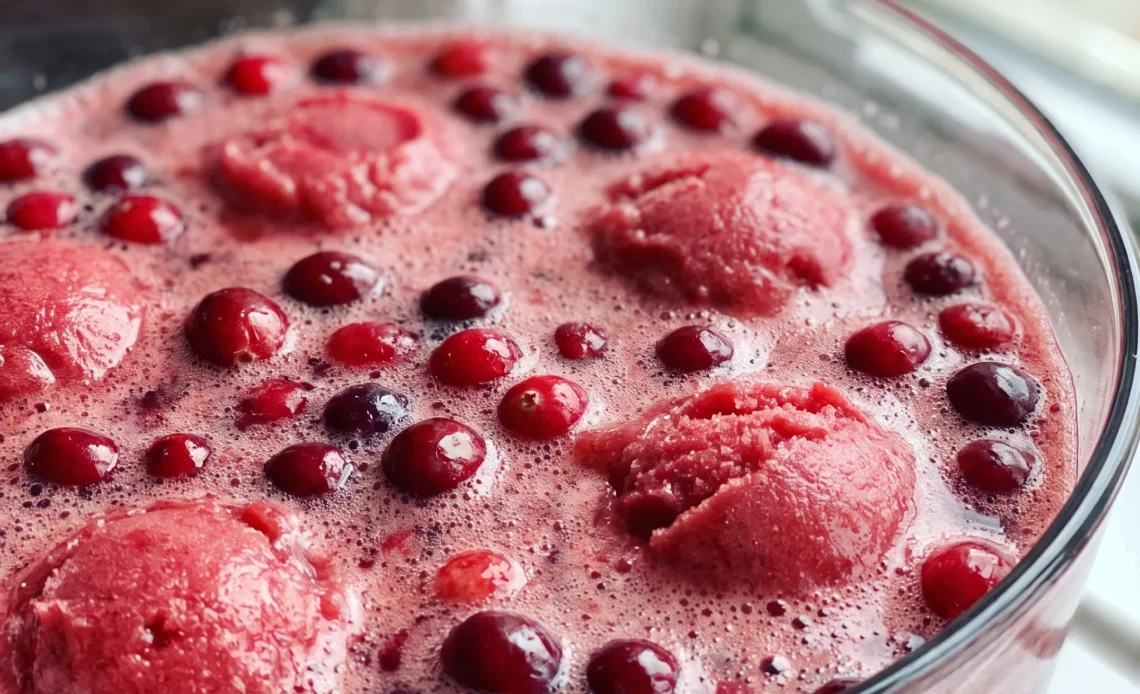Cranberry raspberry punch with deep red juice, floating raspberry sorbet scoops, and whole frozen cranberries.