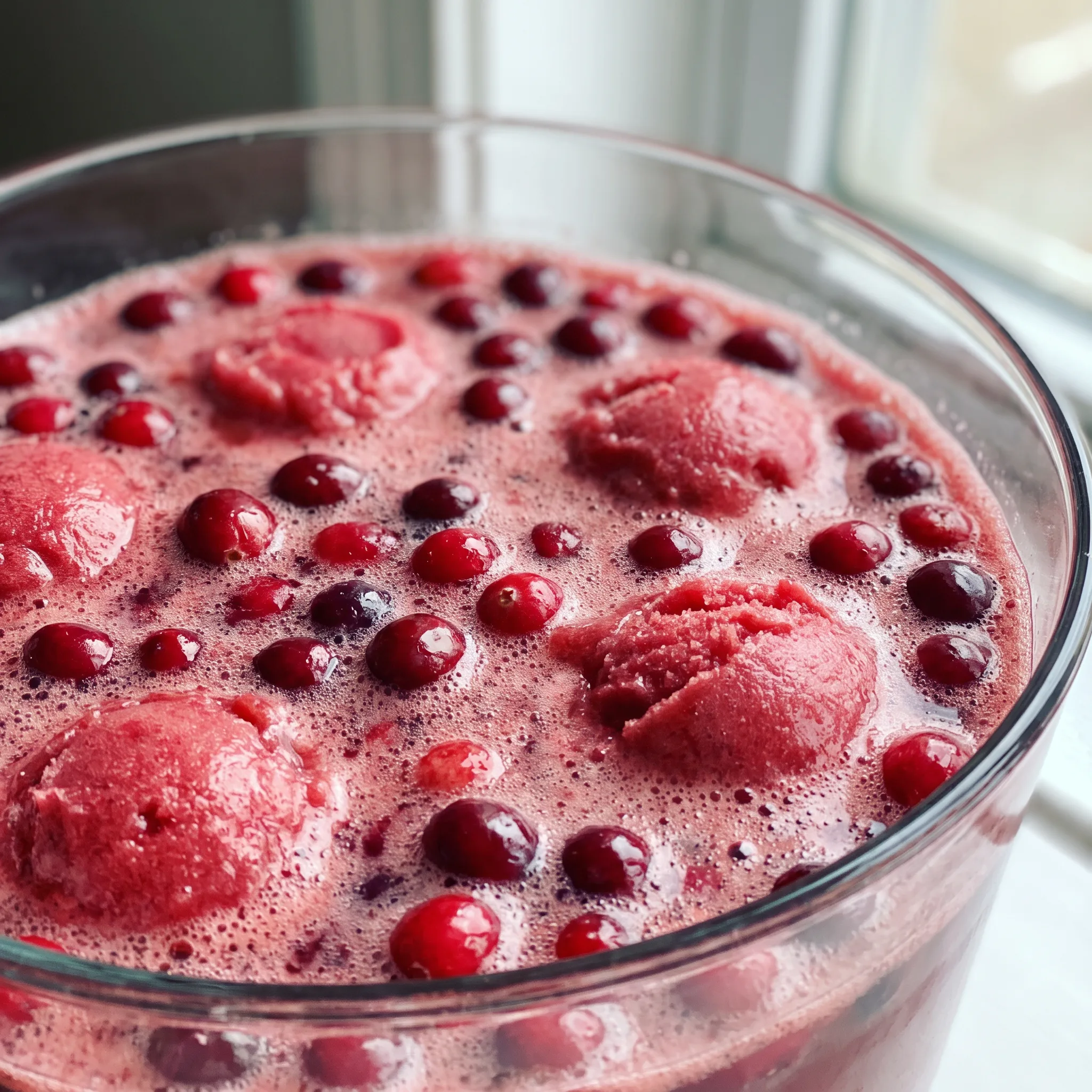 Cranberry raspberry punch with deep red juice, floating raspberry sorbet scoops, and whole frozen cranberries.