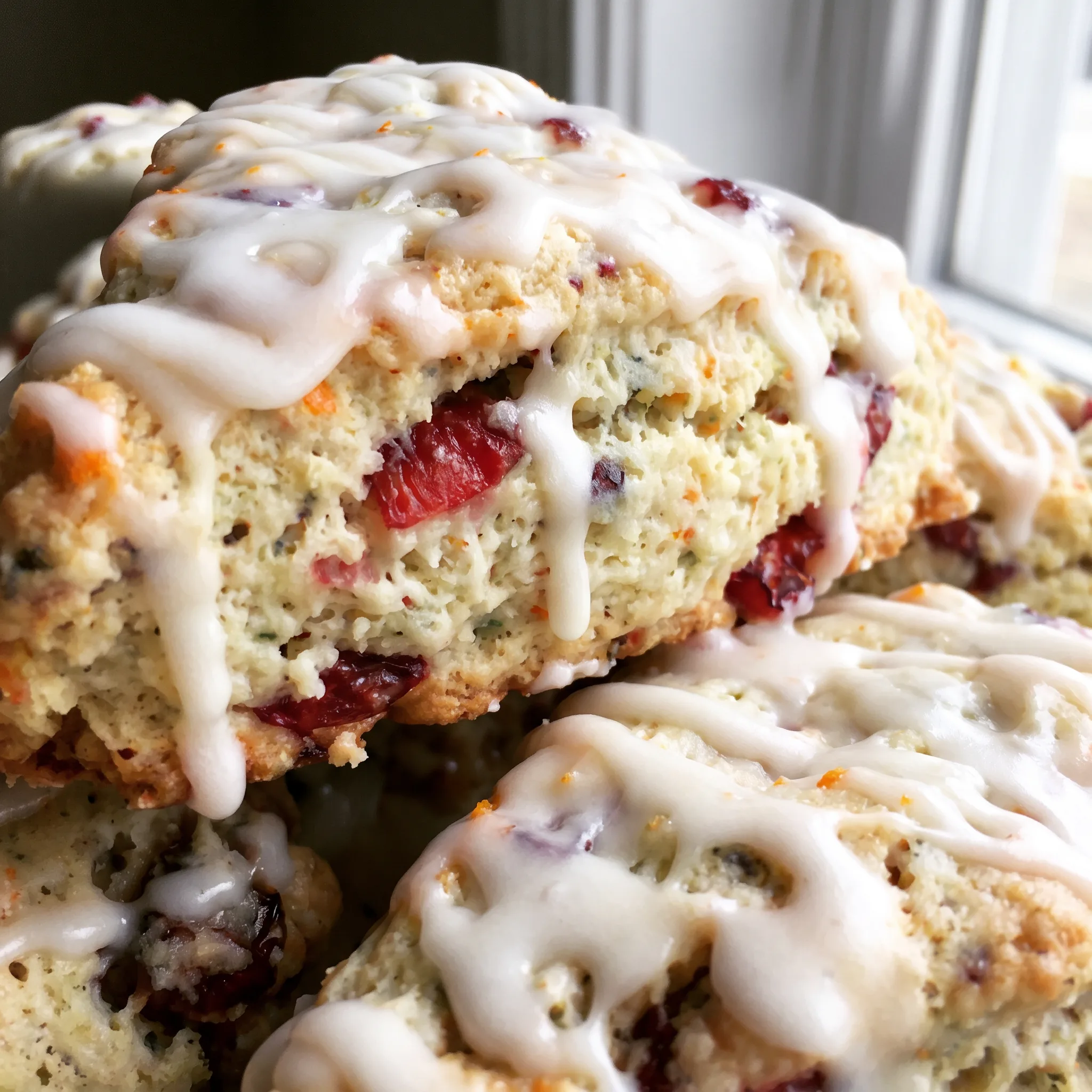Orange glaze drizzled over a scone, with tart red cranberries and flecks of orange zest in the crumb.