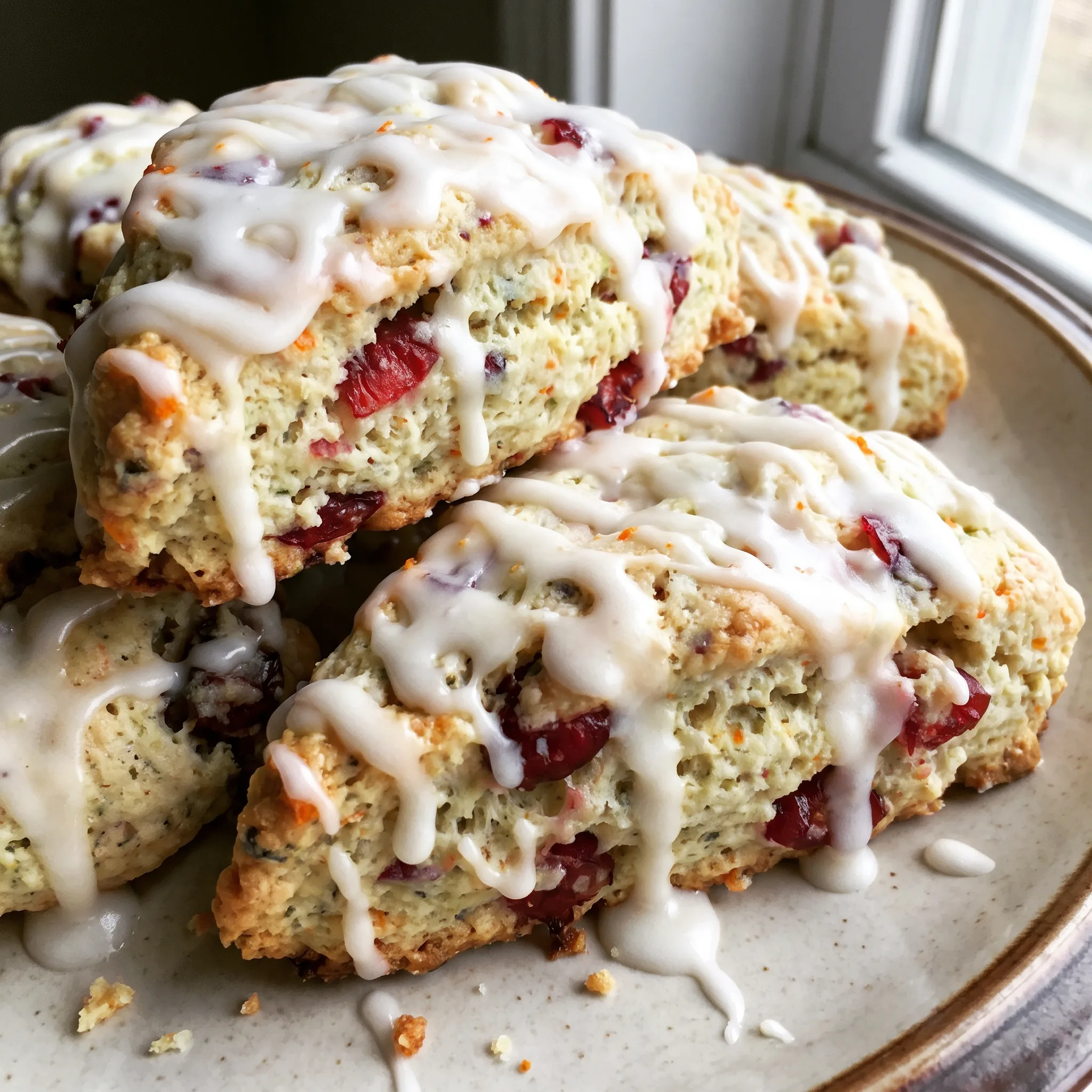 Cranberry ricotta scones with orange glaze, red cranberries and orange zest visible throughout the golden baked tops.