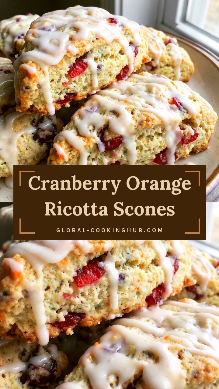 Golden triangular scones flecked with red cranberries, topped with white orange glaze and orange zest.