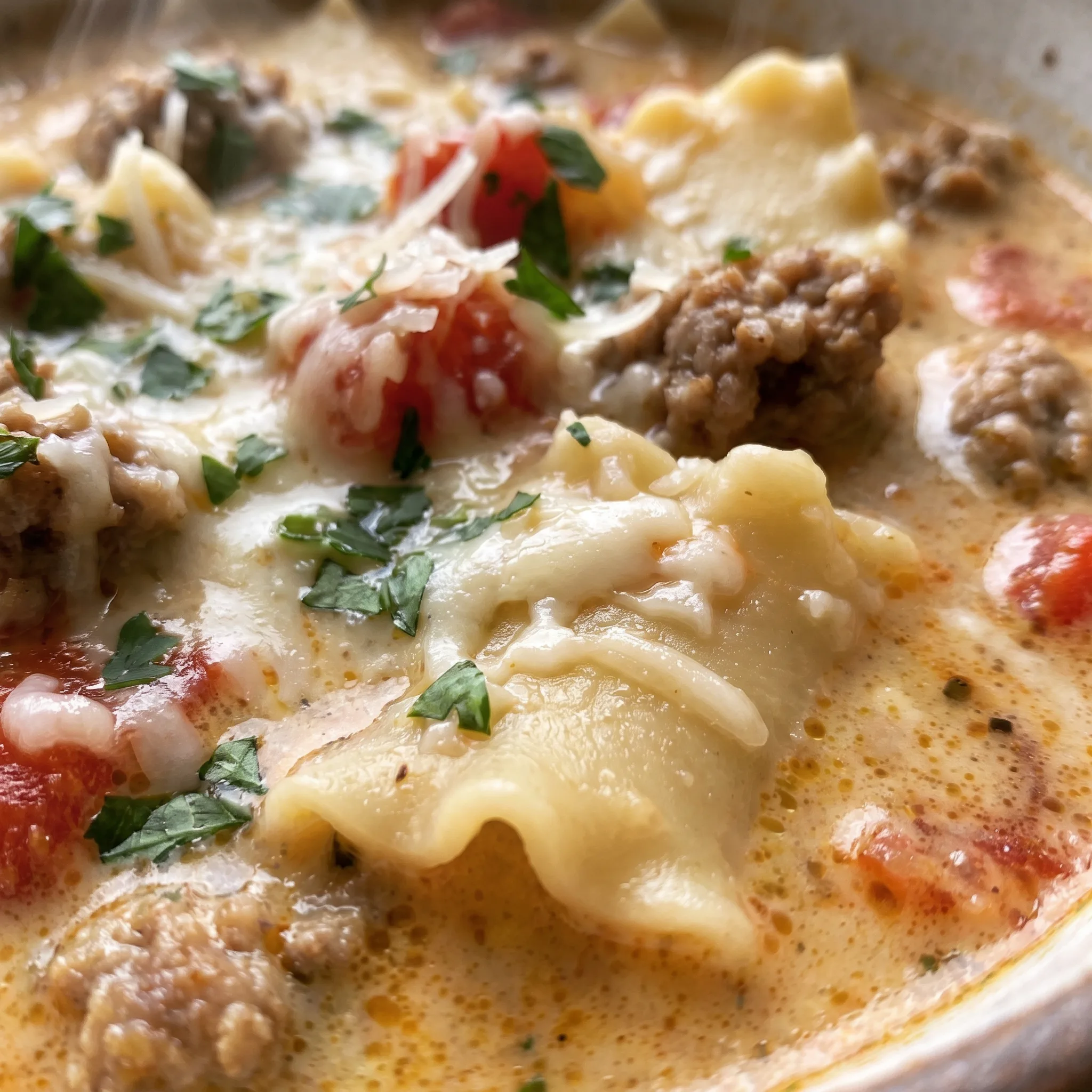 Wavy lasagna noodles and crumbled Italian sausage coated in a thick, creamy red tomato broth with melted Parmesan.