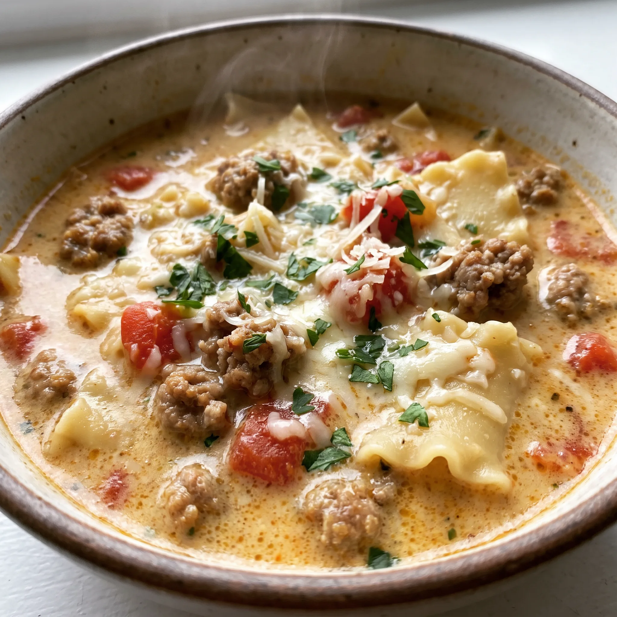 Creamy lasagna soup with lasagna noodles, Italian sausage, diced tomatoes, and Parmesan cheese in a red and white broth.