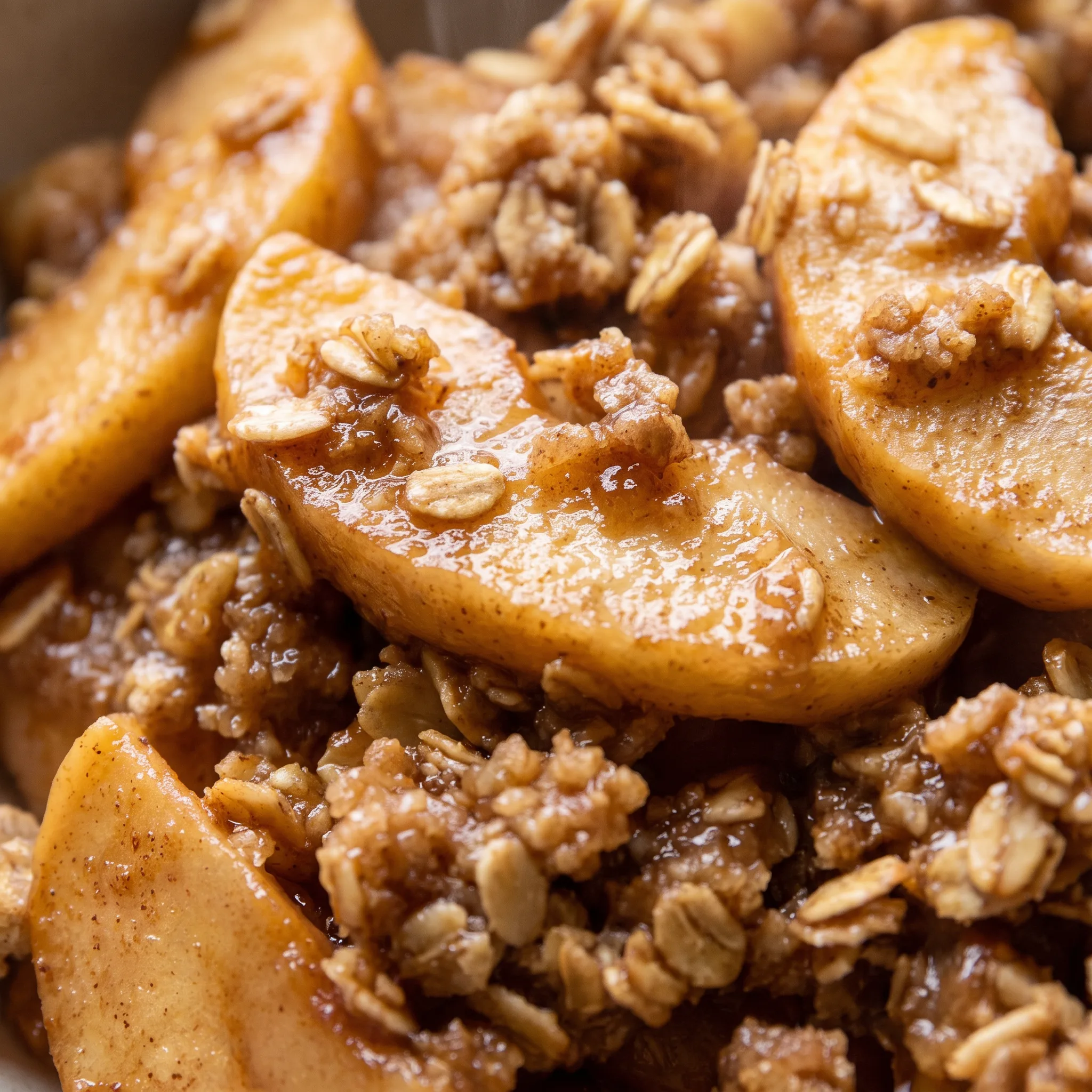 Crisp oat topping with melted butter sheen over tender cinnamon apples.