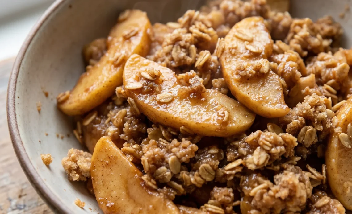 Baked apple crisp with soft sliced apples, golden oat topping, and cinnamon specks.