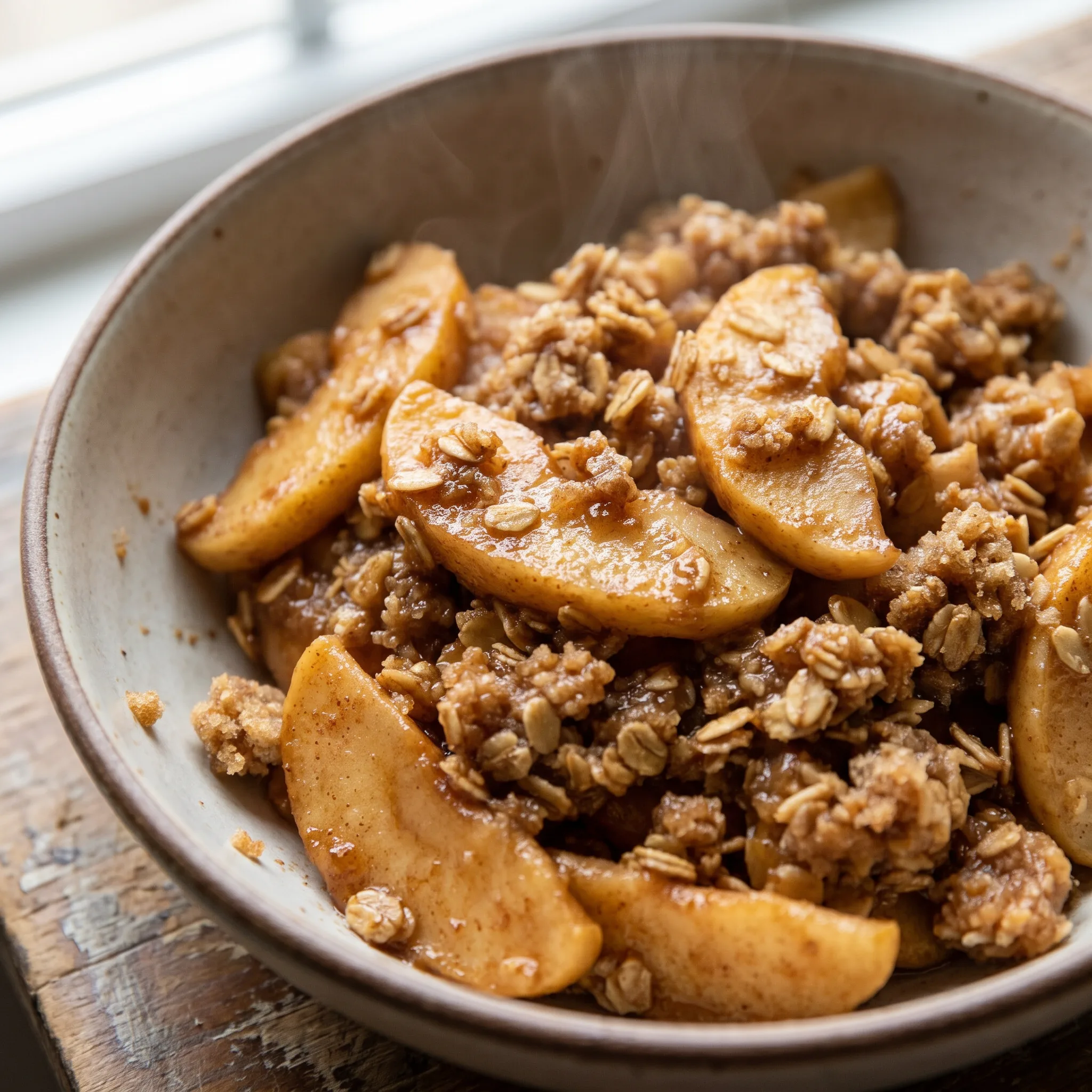 Baked apple crisp with soft sliced apples, golden oat topping, and cinnamon specks.