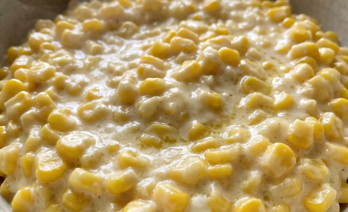 Creamed corn with yellow kernels in a thick cream cheese and butter sauce.
