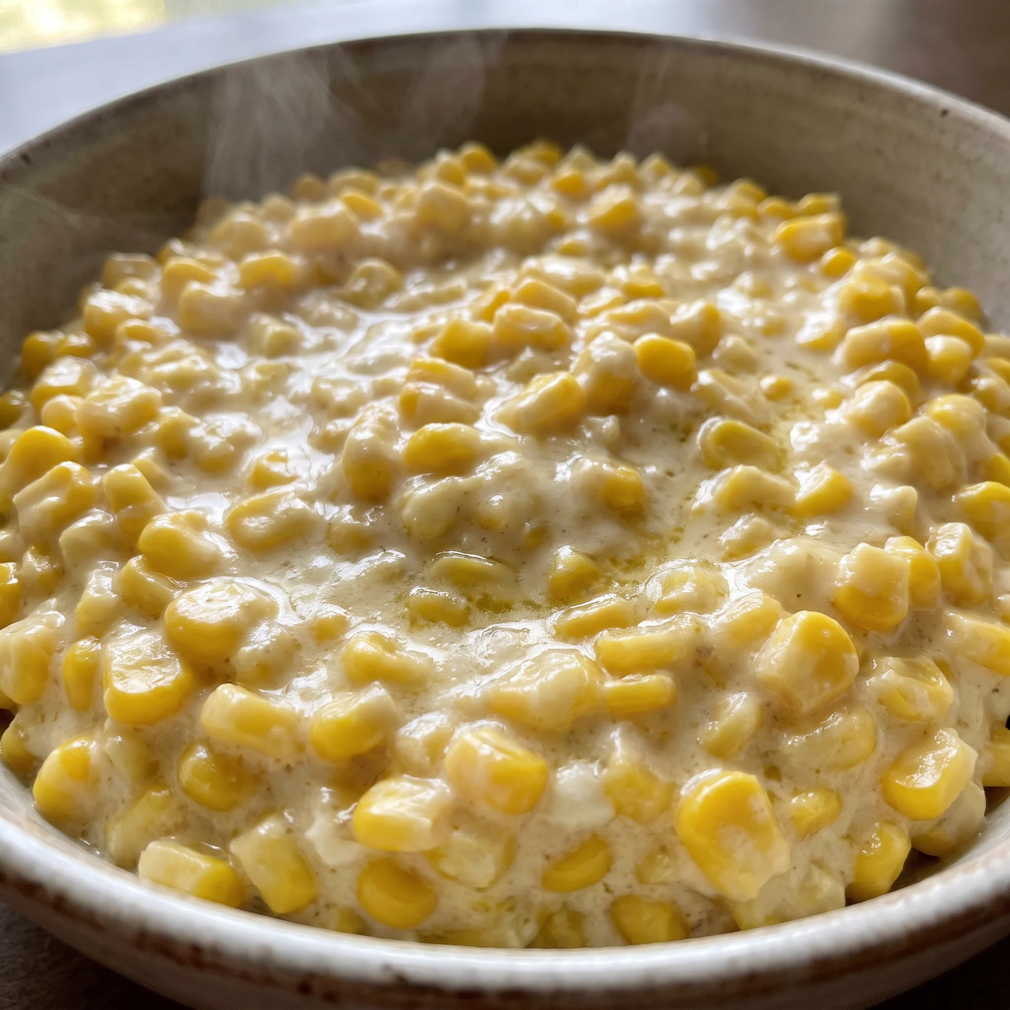 Creamed corn with yellow kernels in a thick cream cheese and butter sauce.