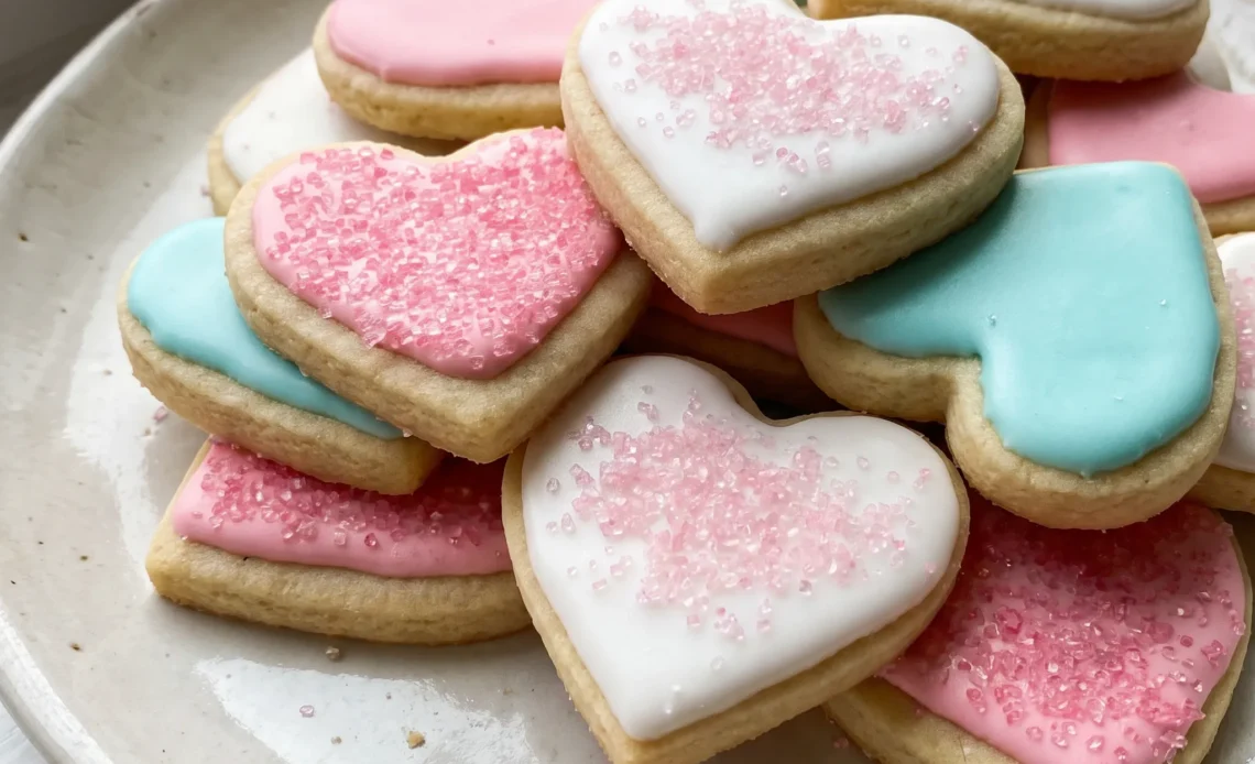 Soft cut-out sugar cookies with white royal icing and colorful sprinkles.