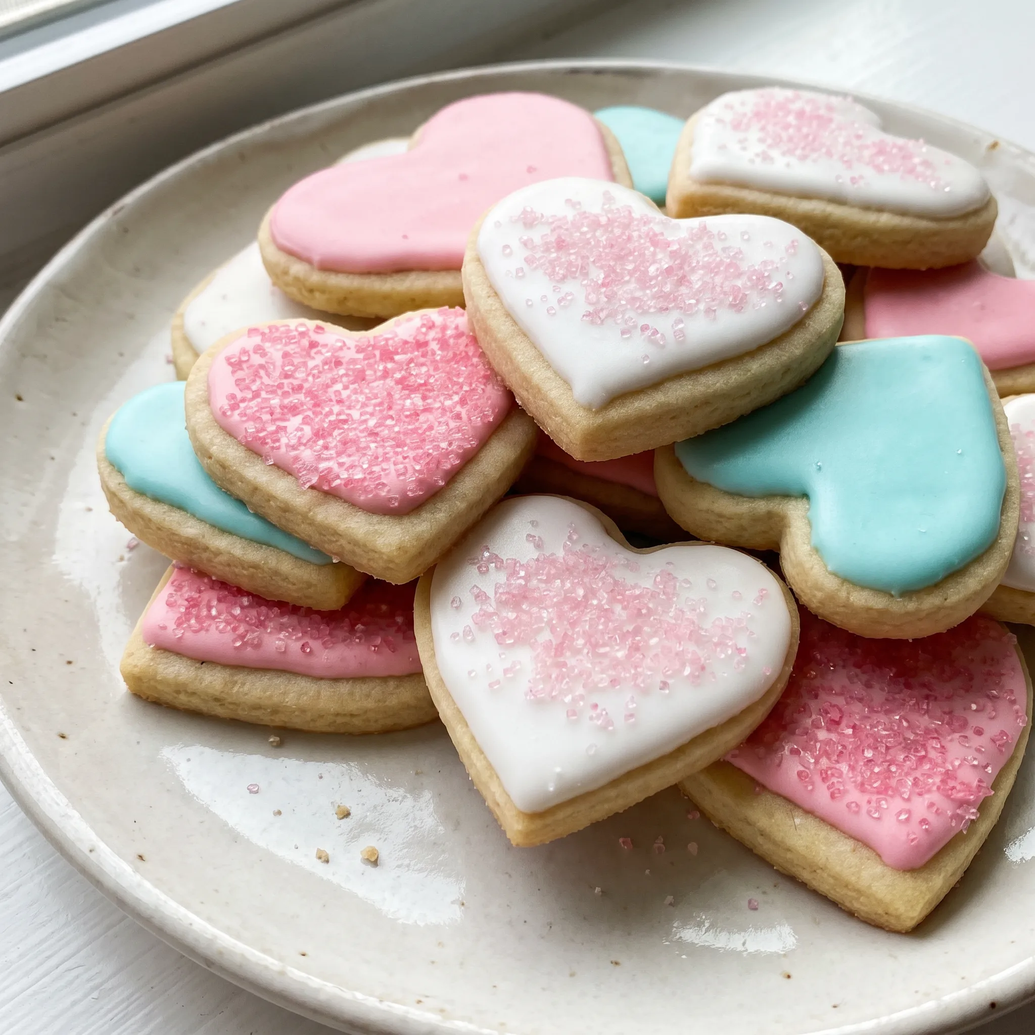 Soft cut-out sugar cookies with white royal icing and colorful sprinkles.