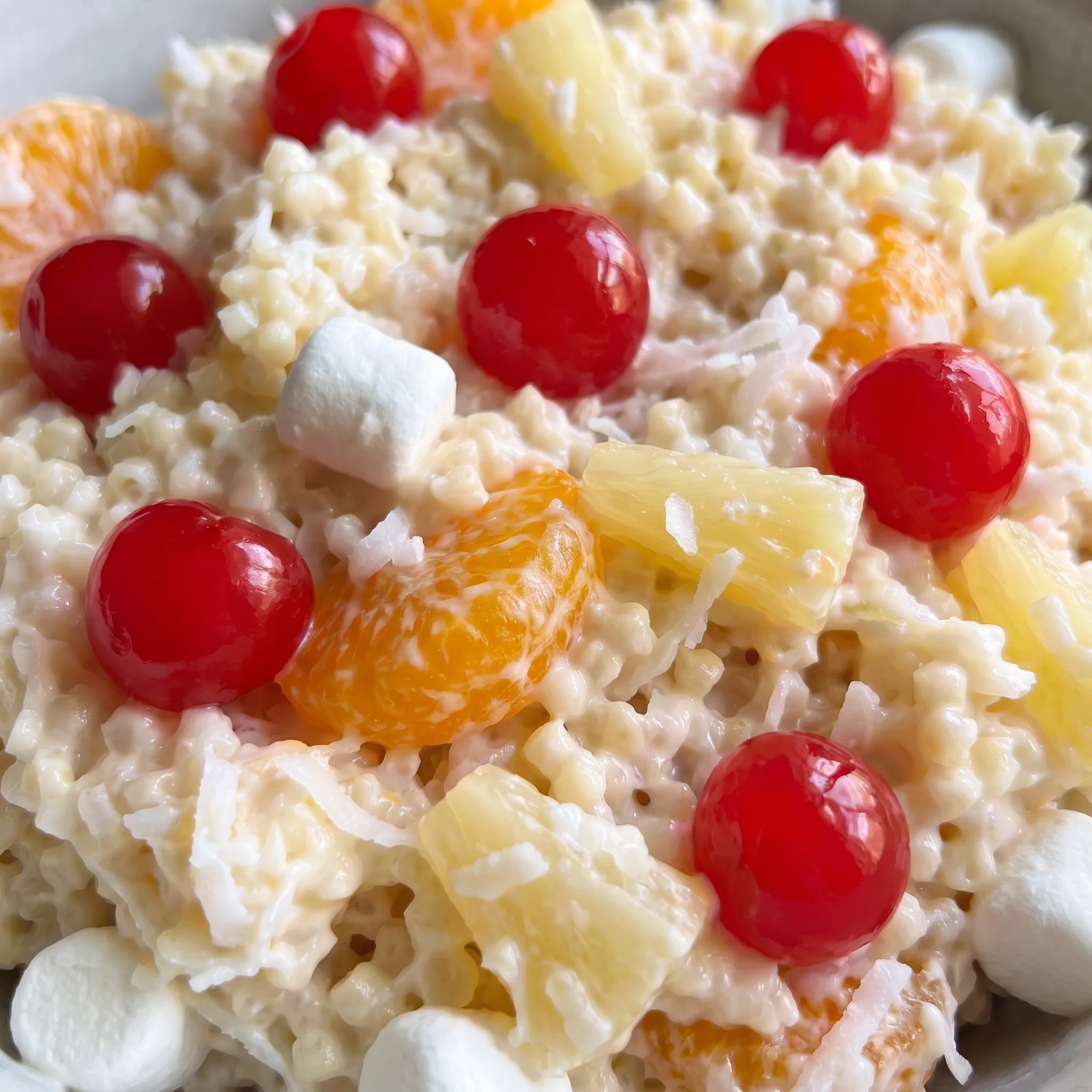 Creamy whipped topping coats small pasta spheres, with soft marshmallows, juicy orange segments, and shredded coconut.