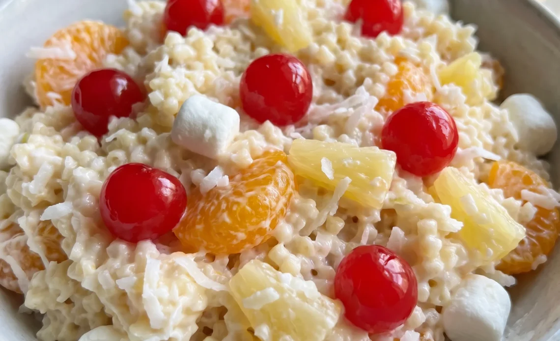 Frog eye salad with acini de pepe pasta, pineapple tidbits, mandarin oranges, mini marshmallows, whipped topping, coconut.