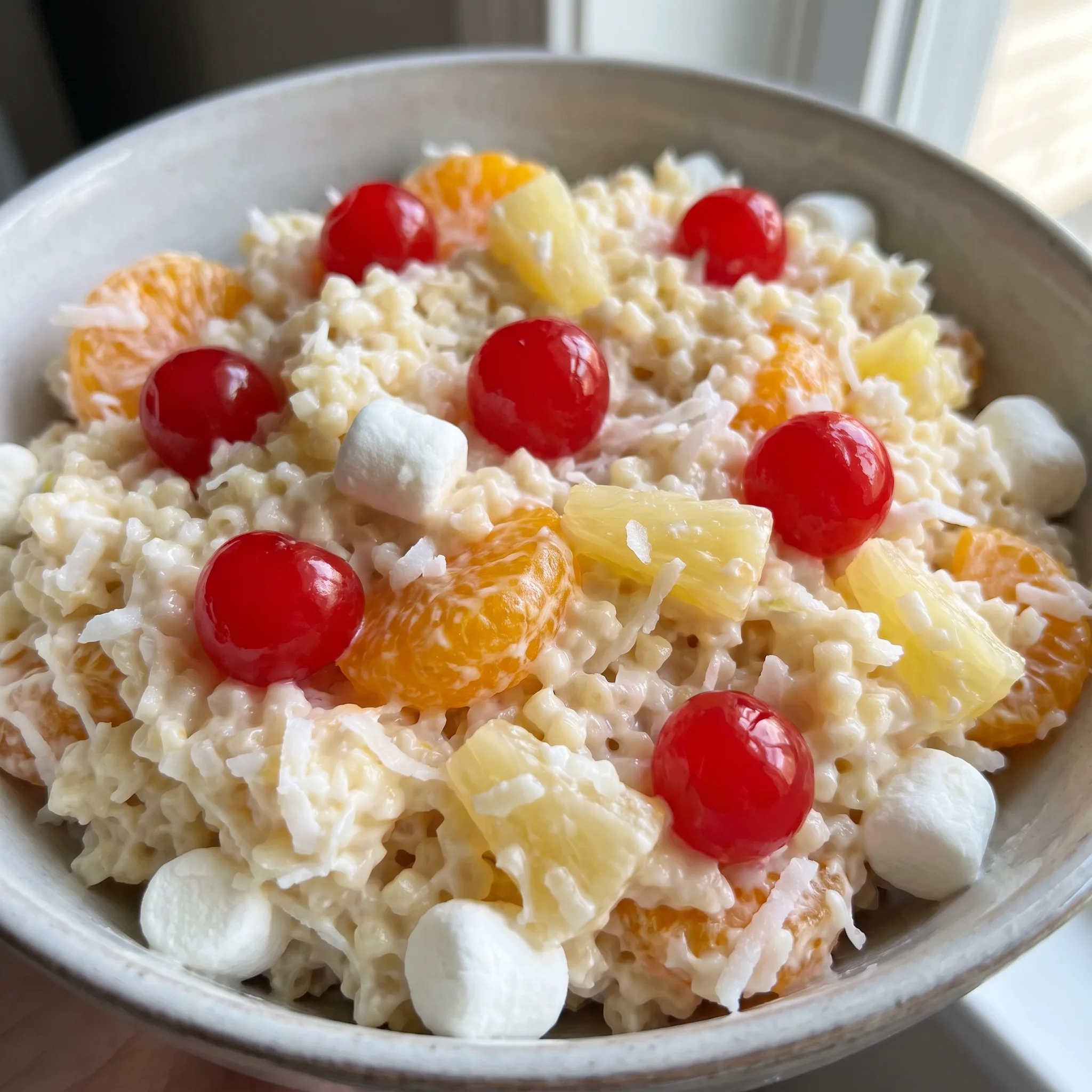 Frog eye salad with acini de pepe pasta, pineapple tidbits, mandarin oranges, mini marshmallows, whipped topping, coconut.
