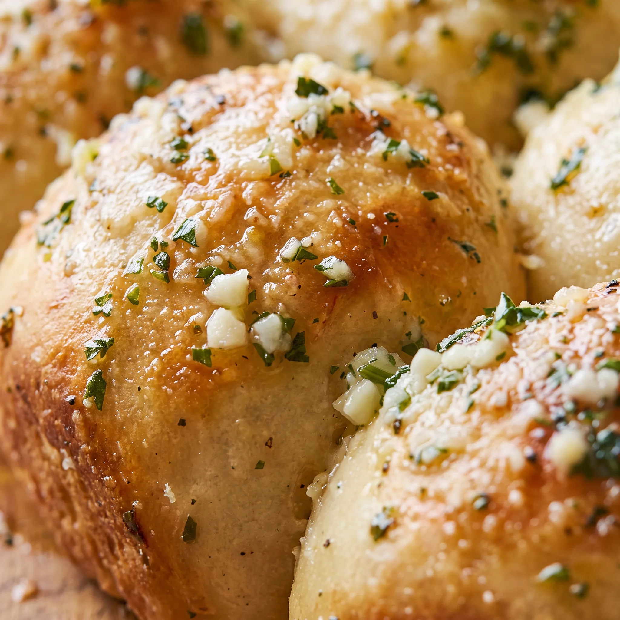 Glossy garlic butter pooled in the seams of golden dough pieces, flecked with green parsley and grated Parmesan.