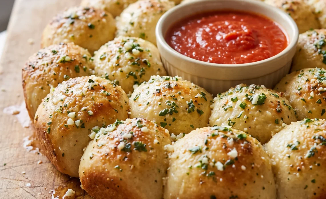 Pull apart garlic bread wreath of pizza dough pieces baked golden, brushed with garlic butter, topped with parsley and Parmesan.