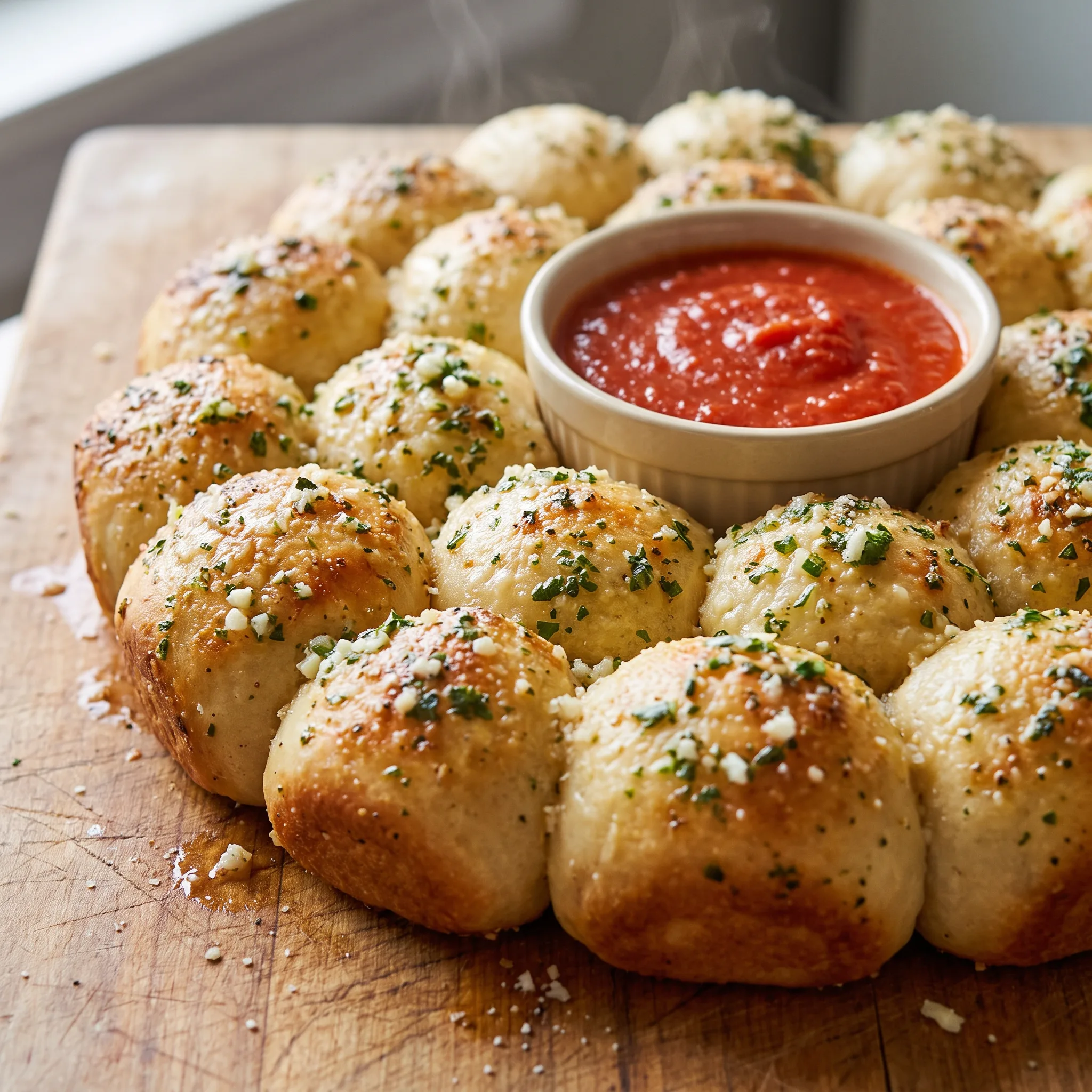 Pull apart garlic bread wreath of pizza dough pieces baked golden, brushed with garlic butter, topped with parsley and Parmesan.