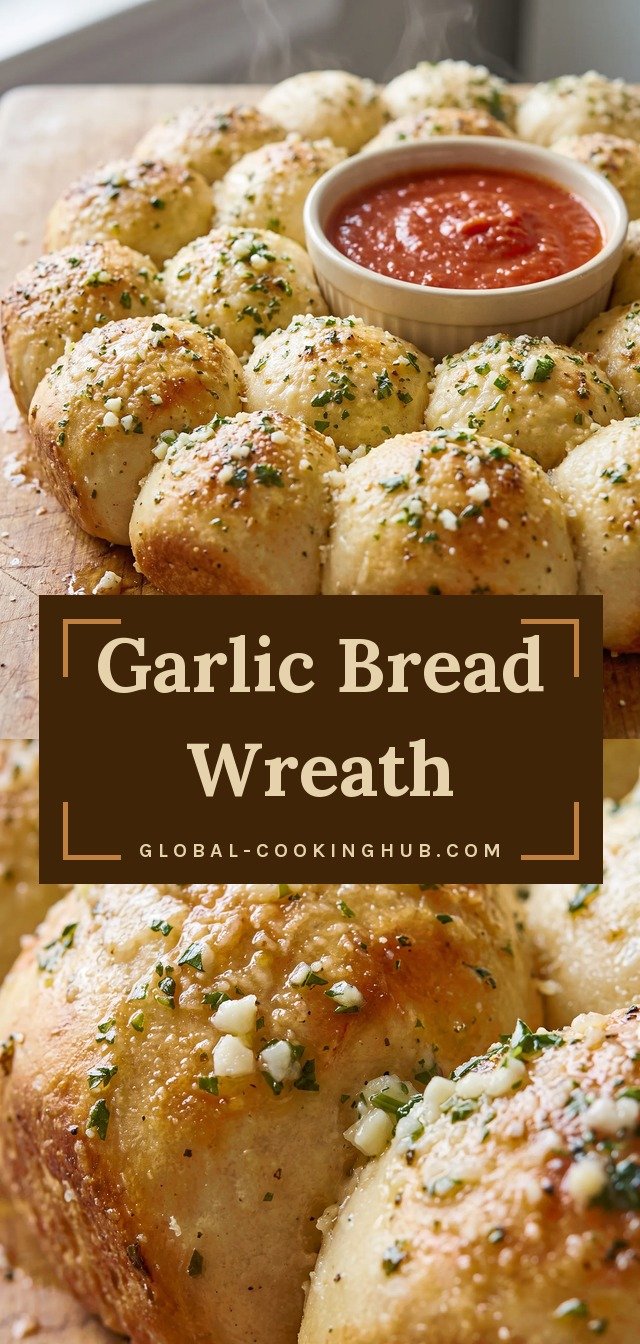 Golden baked pizza dough balls in a ring, brushed with garlic butter, topped with parsley and Parmesan, with marinara sauce in the center.