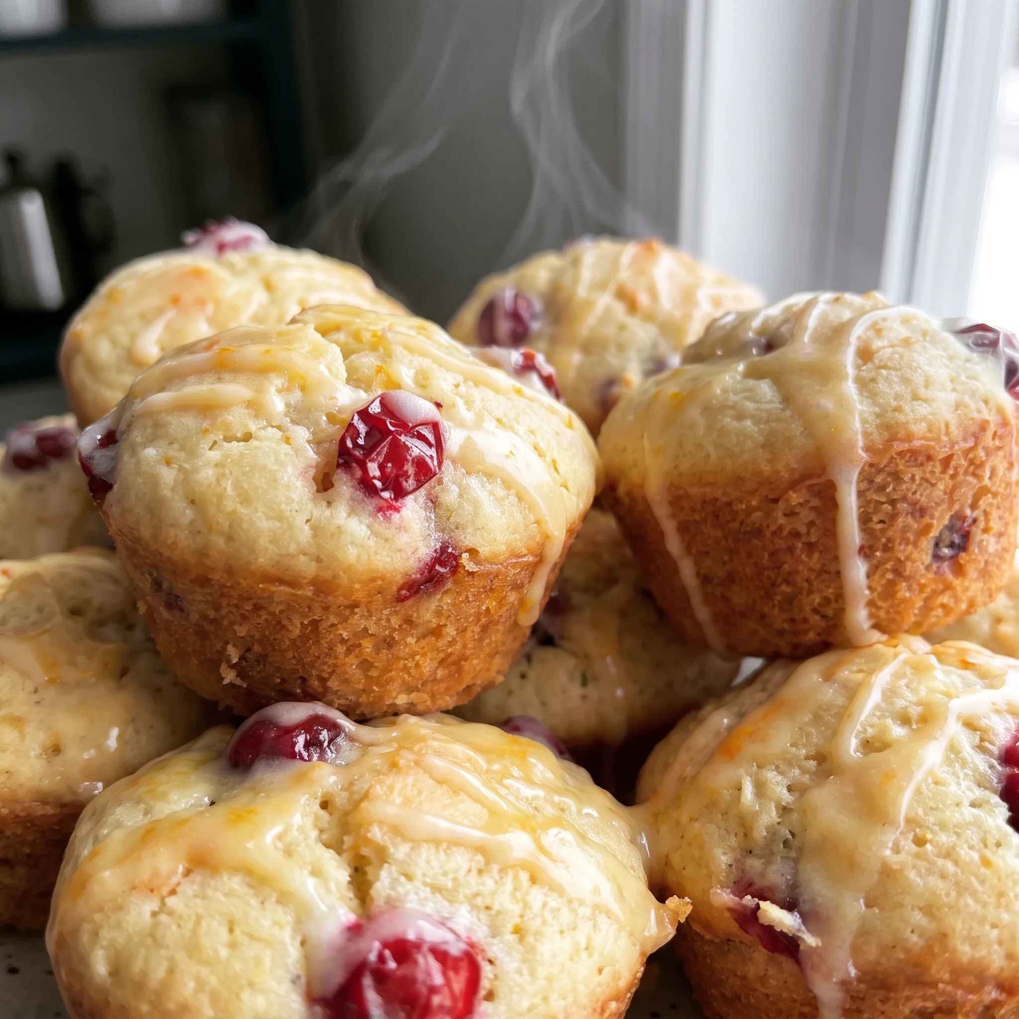 Glossy orange glaze drips over a muffin studded with tart red cranberries and orange zest.