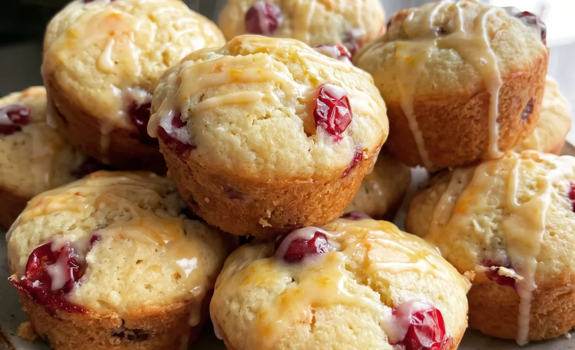 Gluten-free cranberry orange muffins with whole cranberries and a glossy orange glaze.