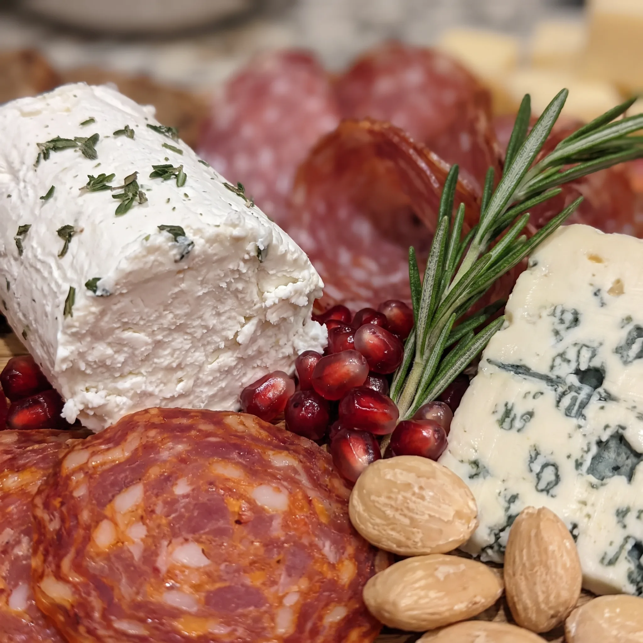 Creamy Brie and crumbly blue cheese beside folded prosciutto, glossy pomegranate seeds and golden honeycomb.