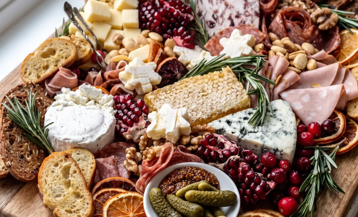 Cheese board with chèvre, sharp Cheddar, Brie, Parmesan, blue cheese, prosciutto, salami, mortadella, pomegranate and honeycomb.
