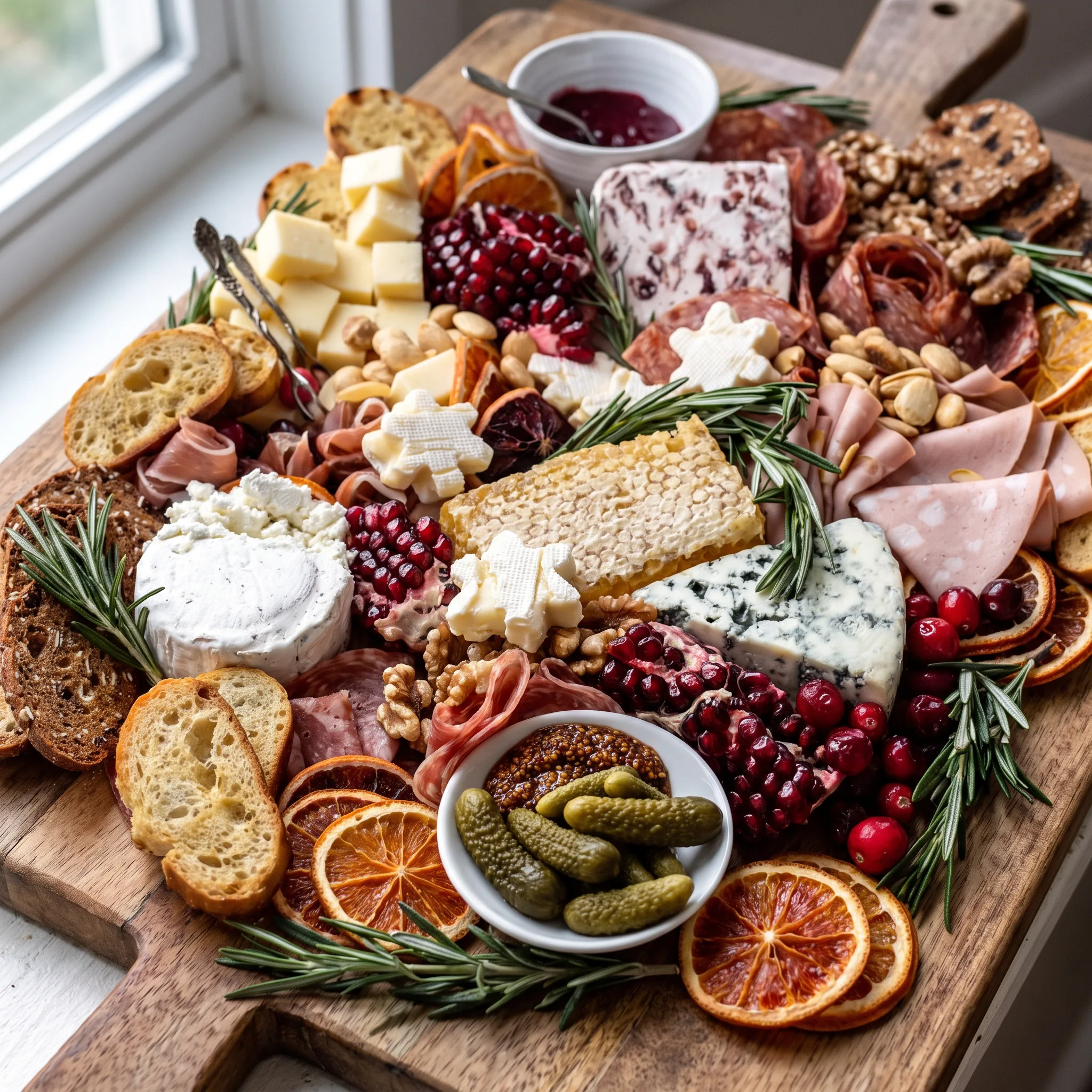 Cheese board with chèvre, sharp Cheddar, Brie, Parmesan, blue cheese, prosciutto, salami, mortadella, pomegranate and honeycomb.