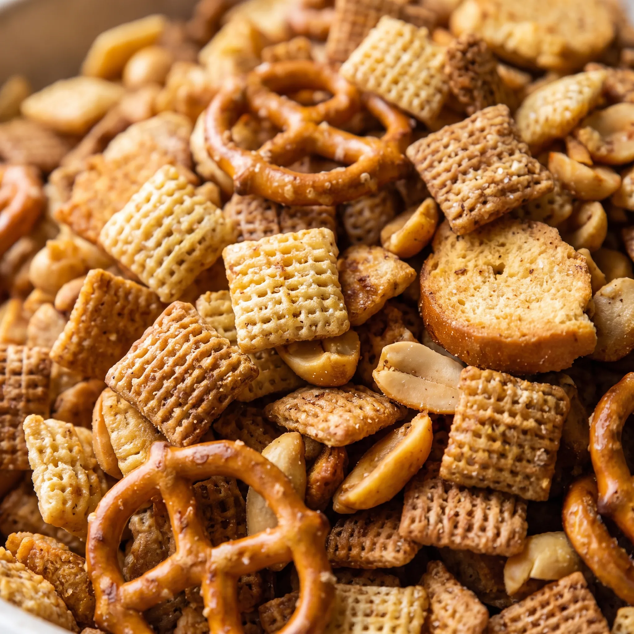 Crisp toasted squares, twisted pretzels, rough bagel chips, and smooth peanuts with a dry, crunchy, golden-brown texture.
