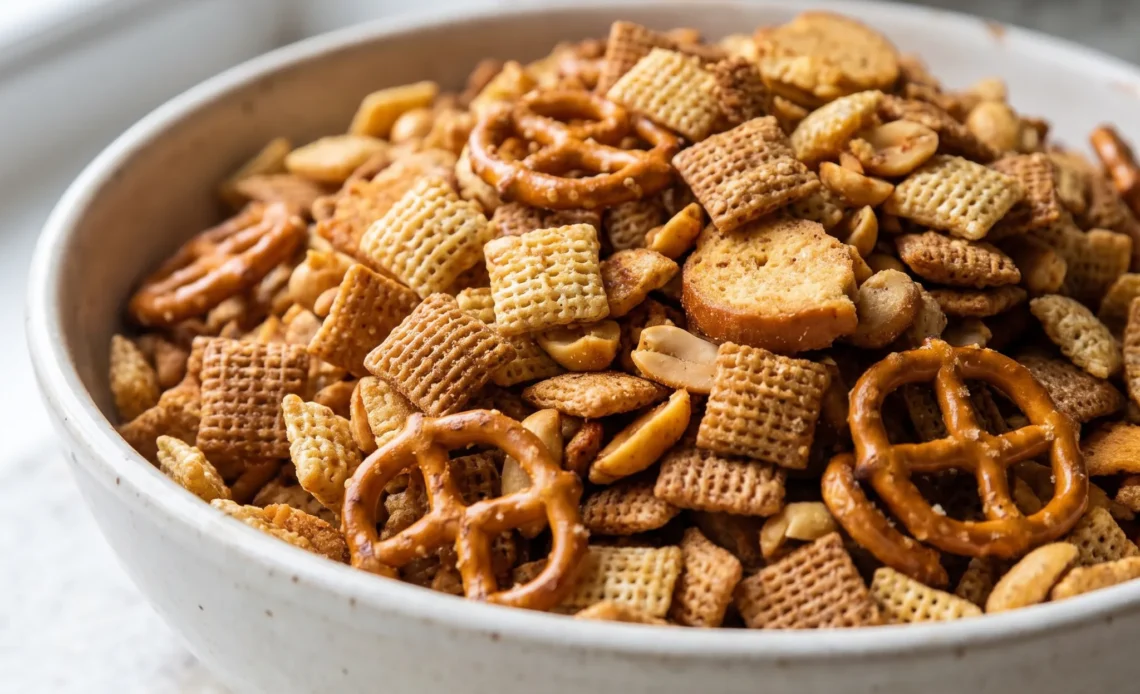 Baked Chex Mix combining Rice Chex, Wheat Chex, mini pretzel twists, bagel chips, and peanuts in golden brown and tan shades.