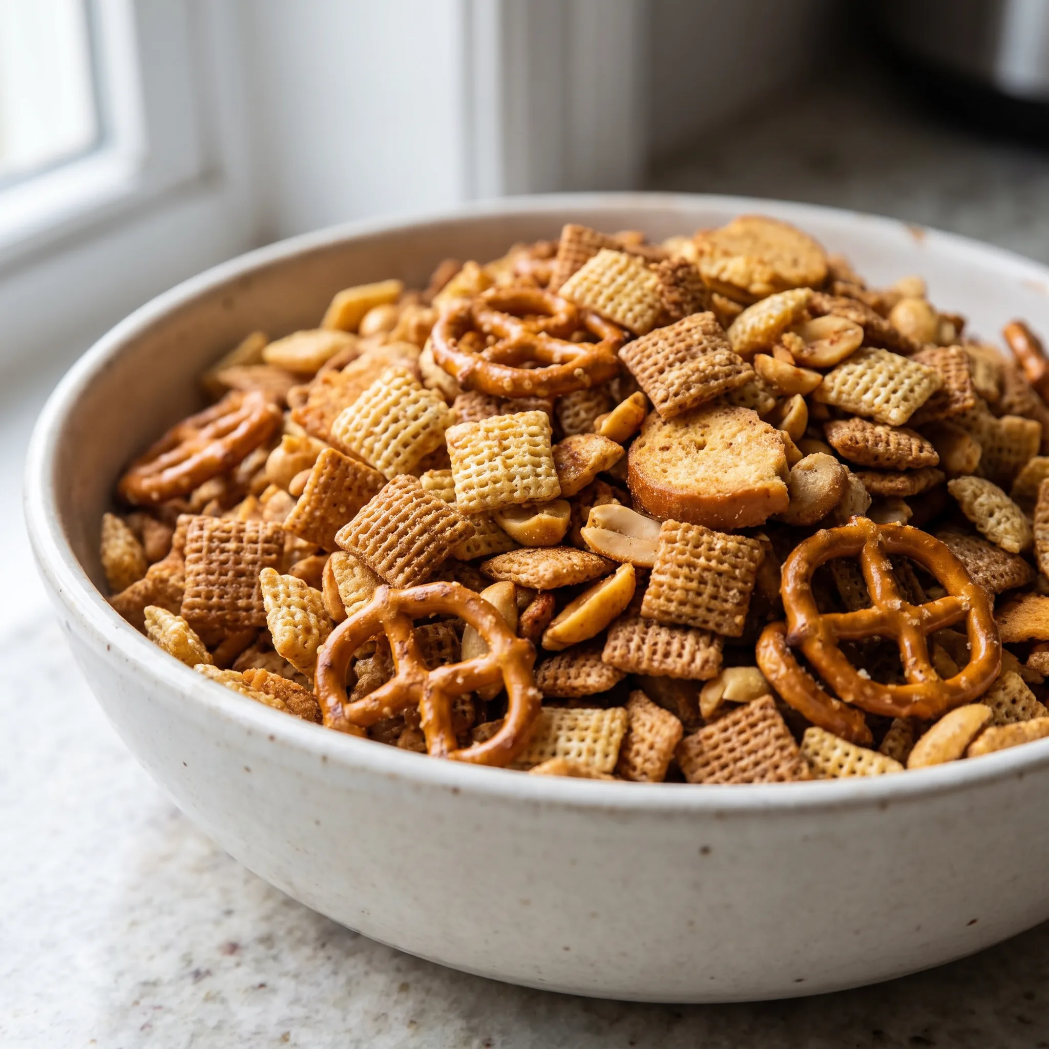 Baked Chex Mix combining Rice Chex, Wheat Chex, mini pretzel twists, bagel chips, and peanuts in golden brown and tan shades.
