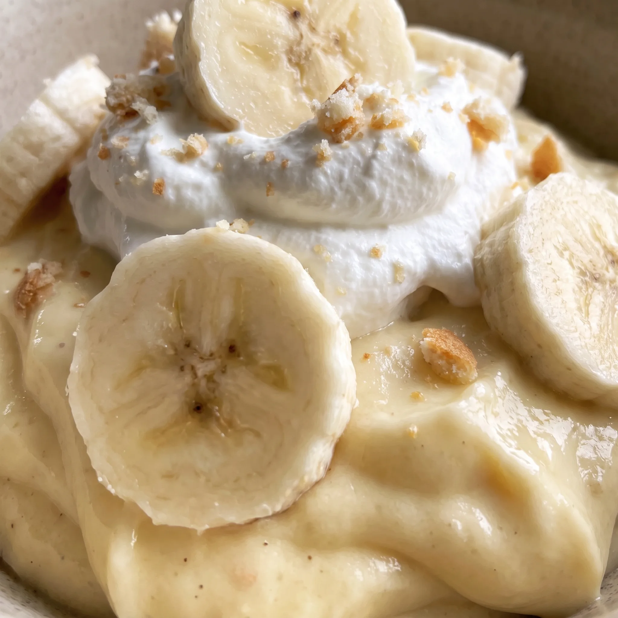 Soft custard and whipped cream layered with pale yellow banana slices